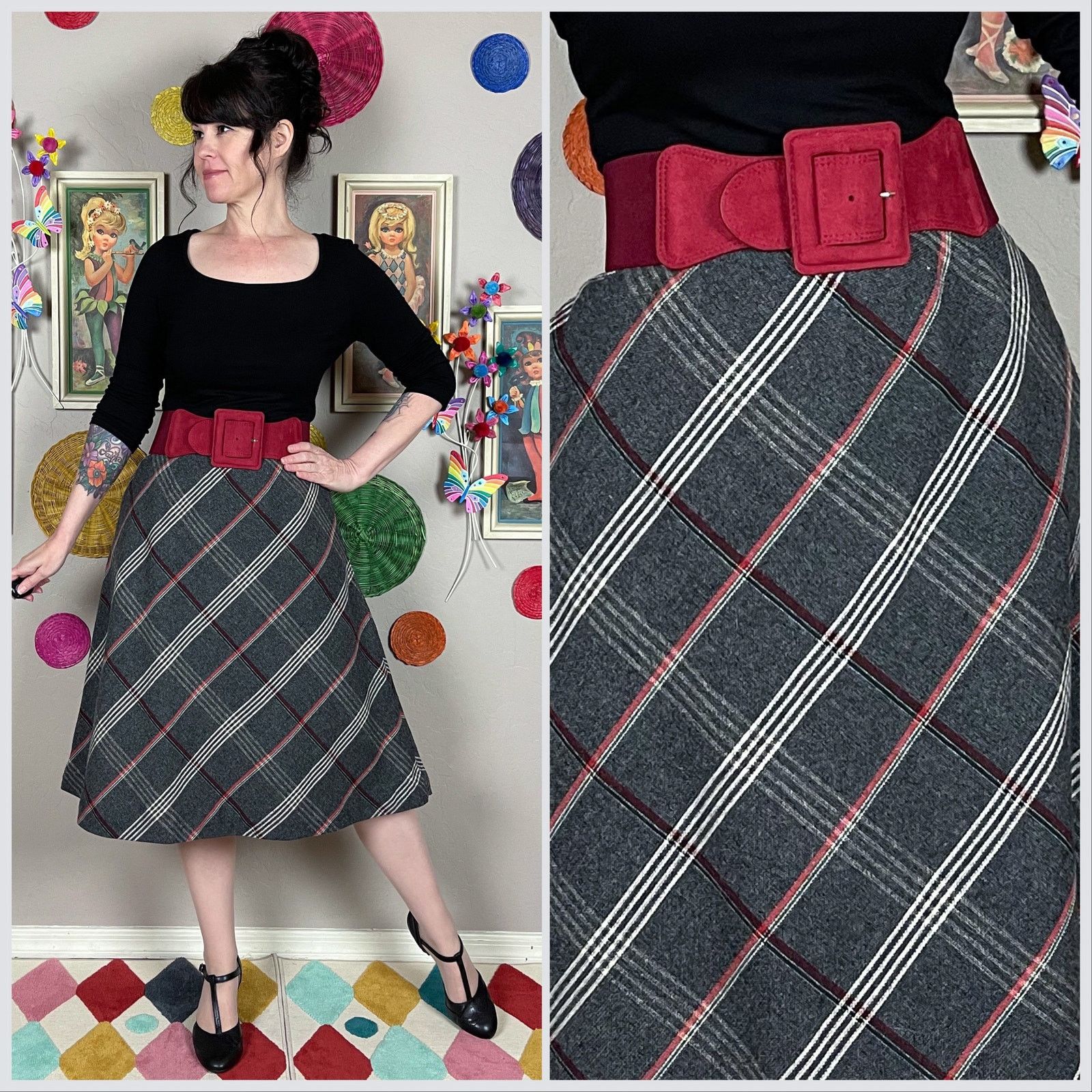 Vintage Vintage 1970s Grey Plaid Wool Blend A-Line Skirt Size 29" - 1 Thumbnail