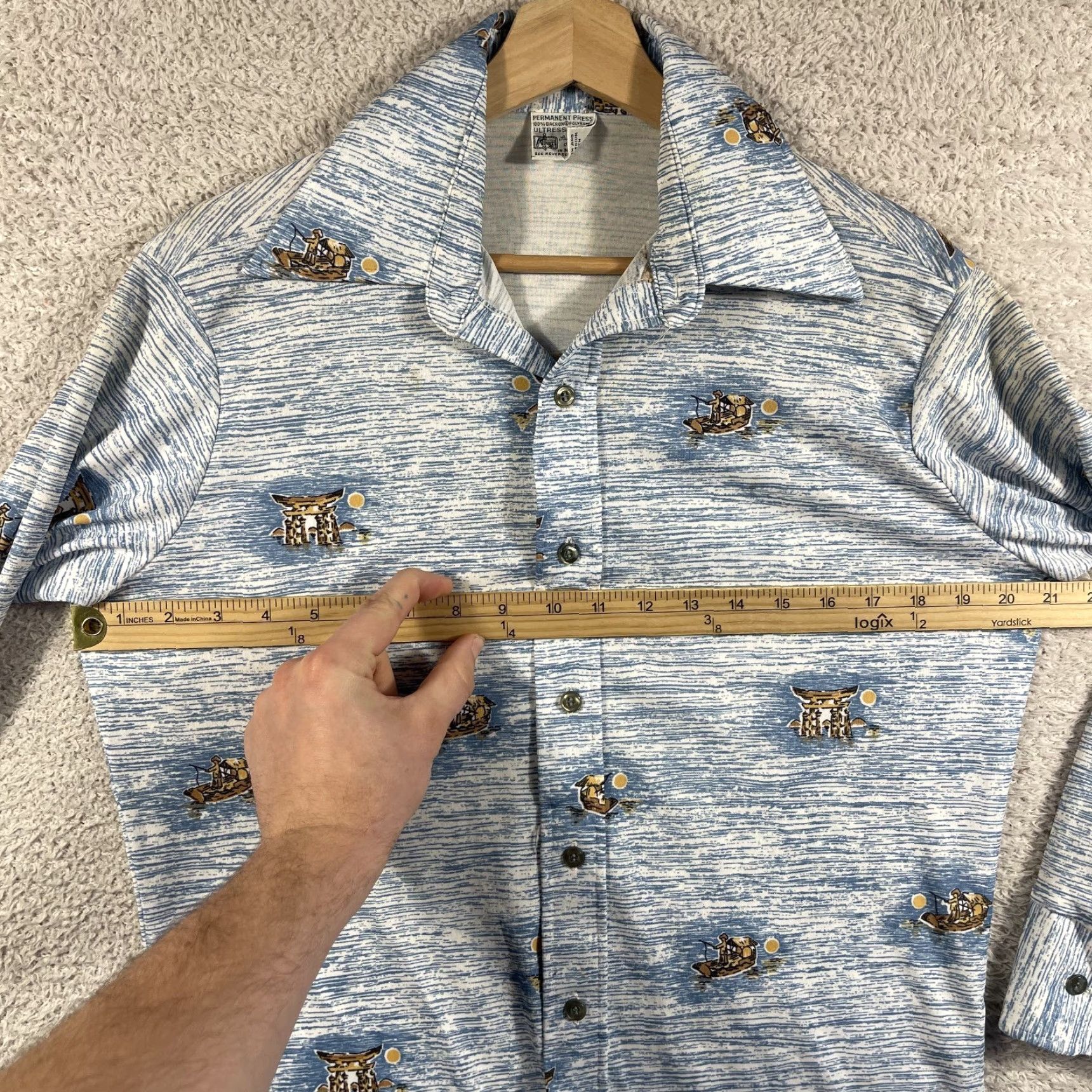 Vintage VINTAGE K Mart Disco Shirt Mens M Blue Abstract Print Dagger Collar 70s Button-Front Long Sleeve Size US M / EU 48-50 / 2 - 7 Thumbnail