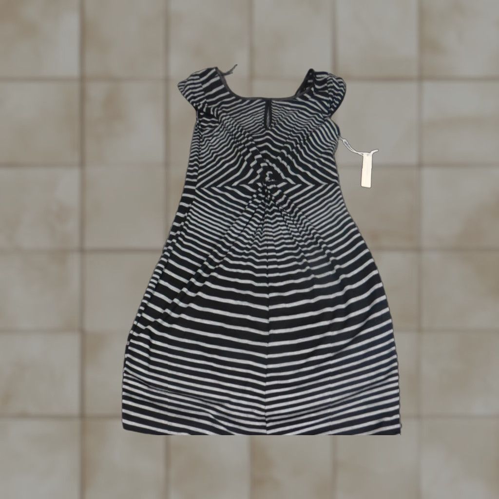 Vintage Tart Dress Midi Black Womens A-Line Striped Knit Puff Sleeve Mock Neck Crochet Stretch Medium M Plus Size Size M / US 6-8 / IT 42-44 - 1 Thumbnail
