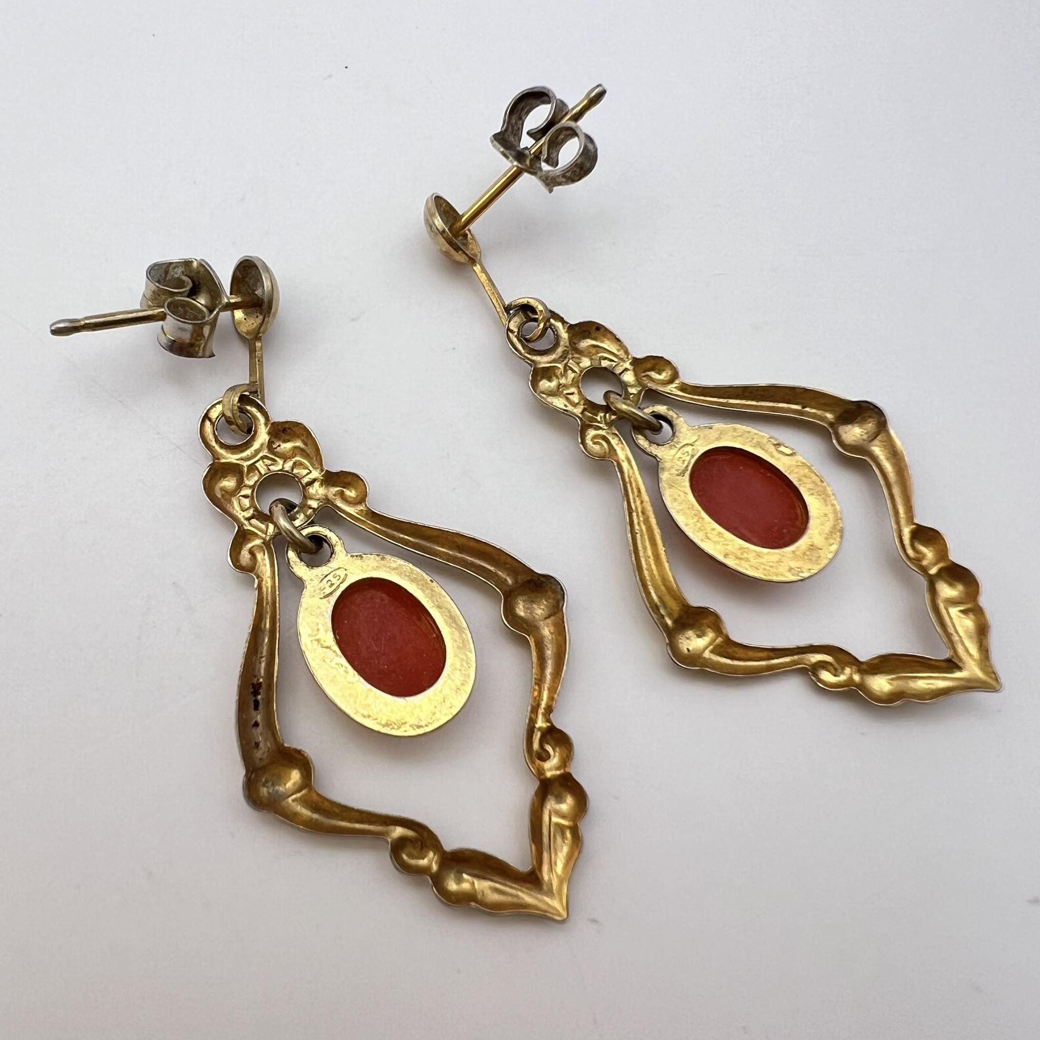 Vintage Gilt Sterling Silver Vintage Earrings Coral Gemstone Signed Size ONE SIZE - 2 Thumbnail