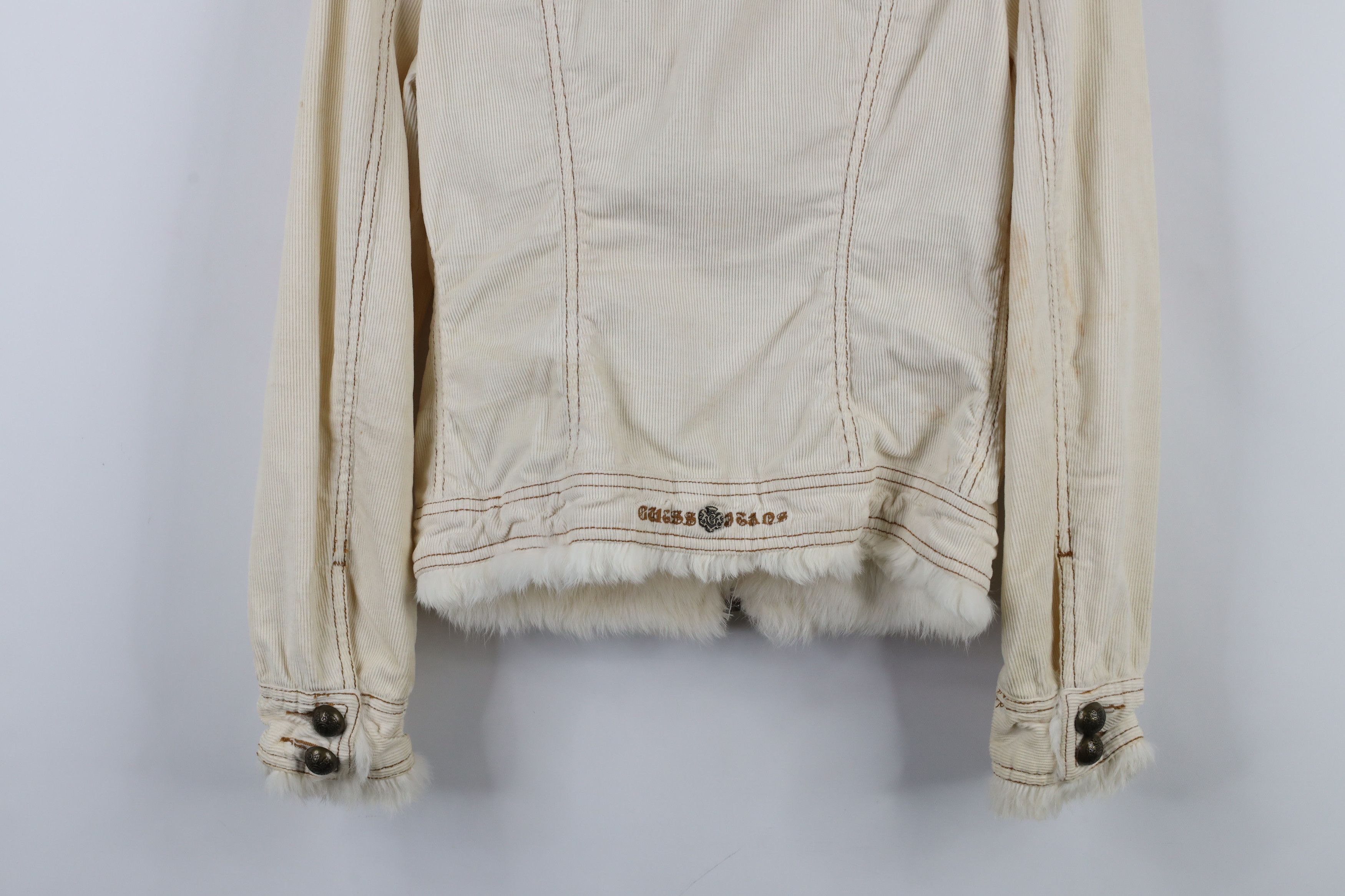 Guess × Vintage Vintage 90s Y2K Guess Fur Trim Corduroy Trucker Jacket Cream Size XS / US 0-2 / IT 36-38 - 19 Thumbnail