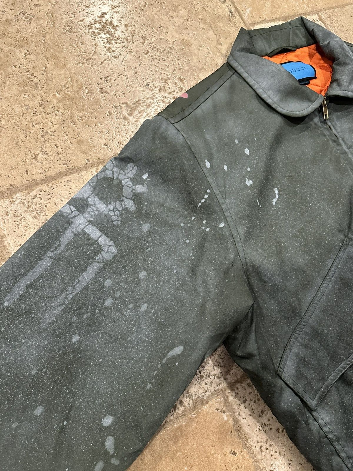 Gucci Hand Painted Ghost Bomber Olive Green Jacket