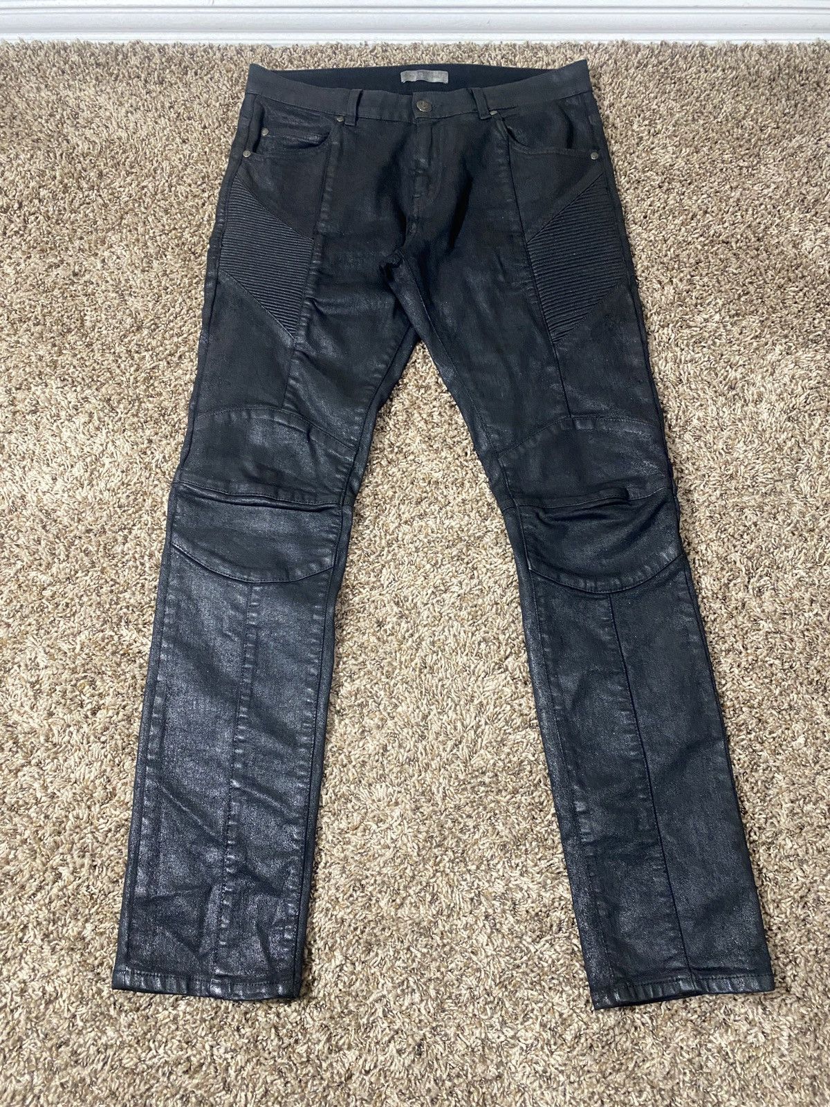 Balmain Pierre Balmain 2010s Black Wax Painted Biker Denim Jeans Size US 34 / EU 50 - 1 Thumbnail
