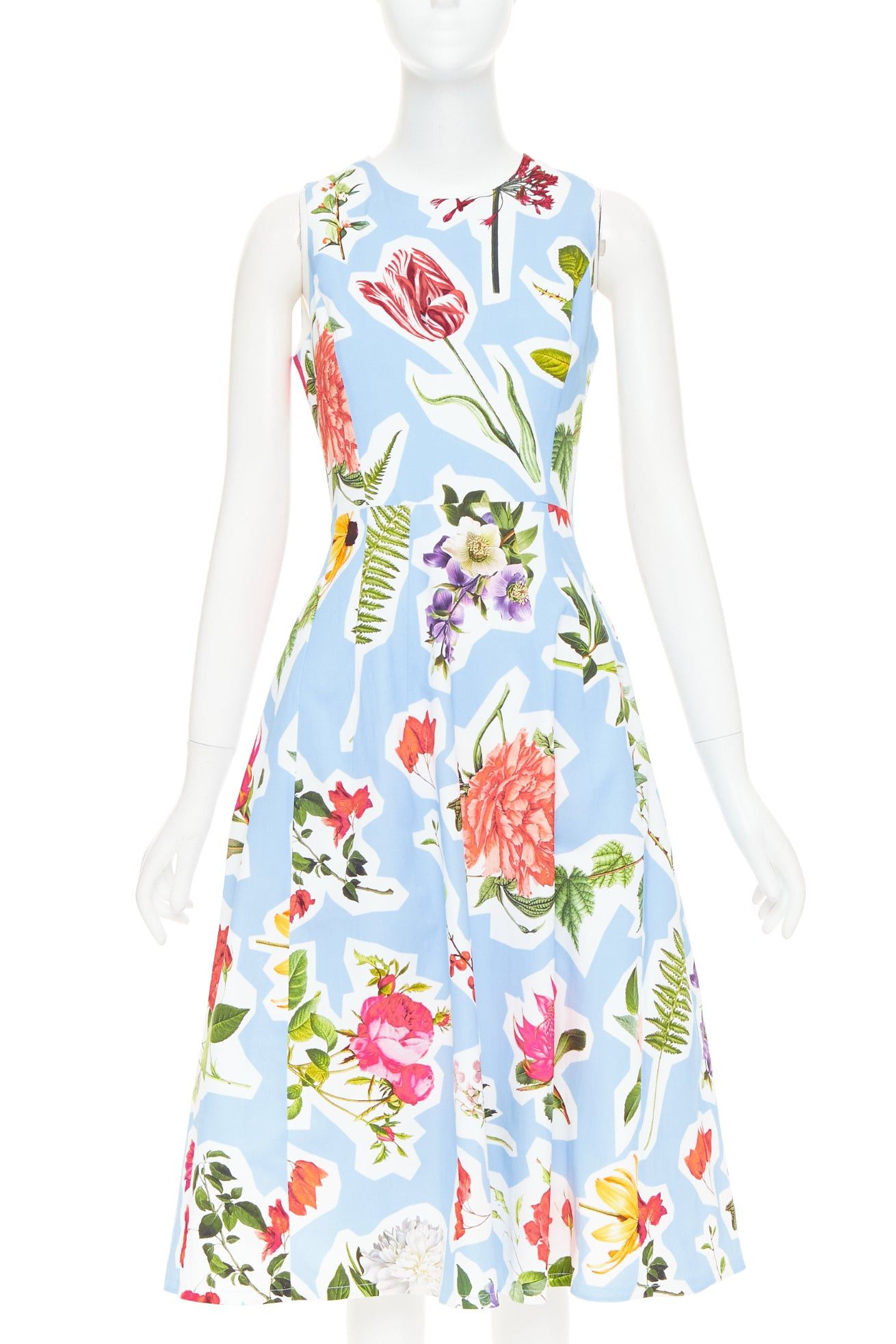 Carolina Herrera CAROLINA HERRERA light blue floral collage print sleeveless faille midi dress US4 S Size S / US 4 / IT 40 - 1 Thumbnail