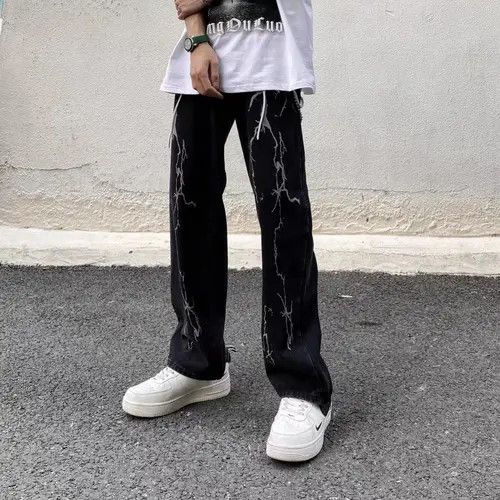 VIBE Black retro lightning print straight wide leg jeans Size US 30 / EU 46 - 6 Thumbnail