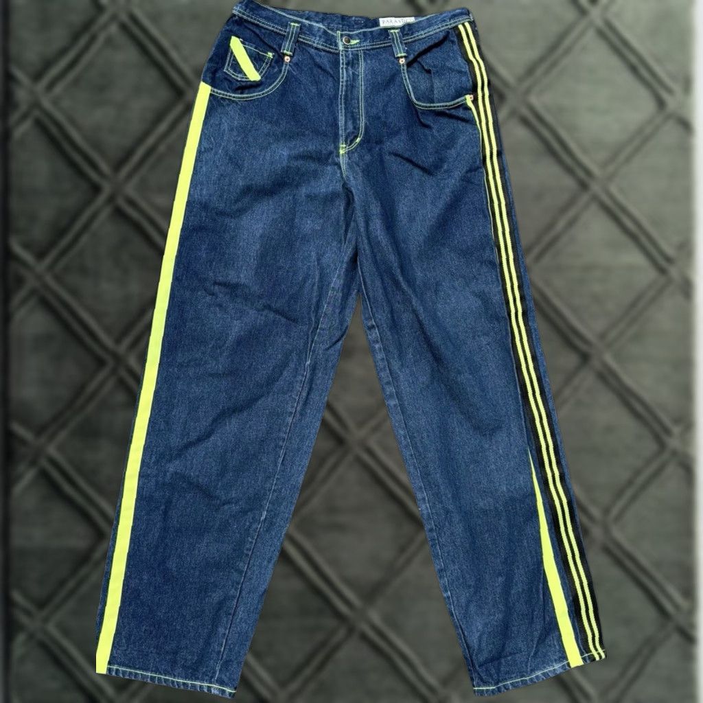 **VINTAGE Y2K RARE NEON GREEN STRIPED WIDE LEG JEANS SZ 34** User: Vintage Y2K RARE NEON GREEN STRIPED WIDE LEG JEANS SZ 34
