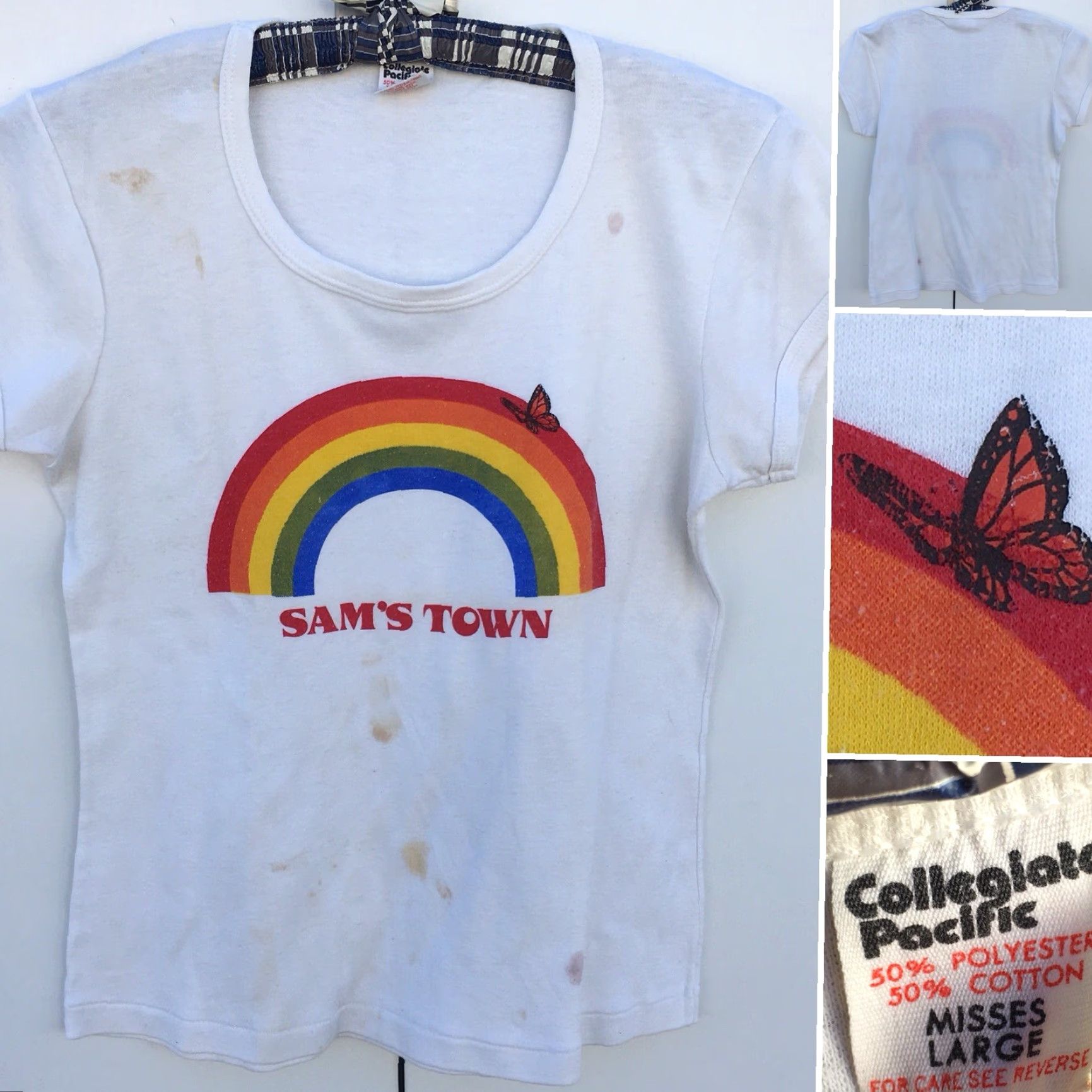 Rainbow VINTAGE SAMS TOWN Rainbow Butterfly T Shirt 70s 80s Misses Large Worn Stained Shirt Mens Women Girls Boys Size L / US 10 / IT 46 - 4 Thumbnail