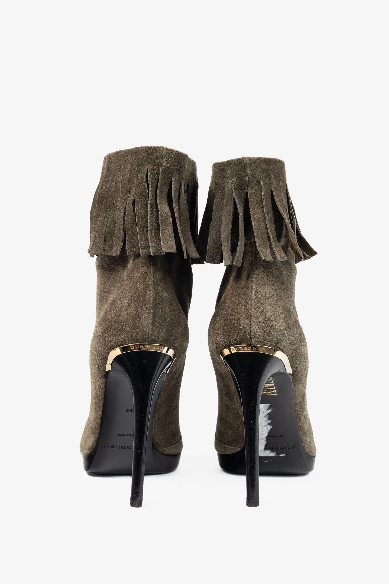 Burberry Burberry Pelling Khaki Suede Fringe Peep-Toe Booties Size US 8.5 / IT 38.5 - 3 Thumbnail
