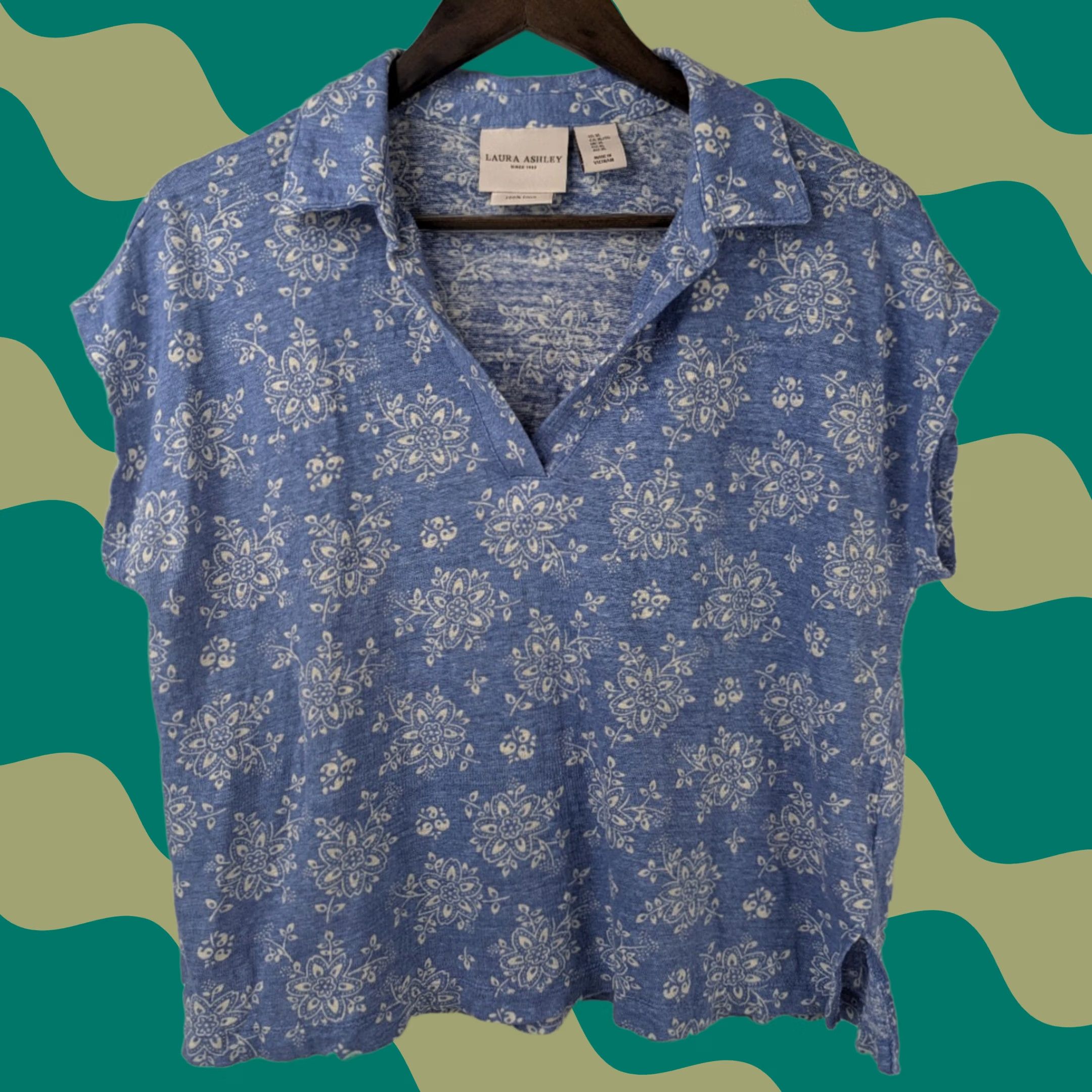 Laura Ashley Laura Ashley Womens Lightweight Linen Cap Sleeve Shirt XL Blue Beach Boho Shirt Blouse Linen Knit Size XL / US 12-14 / IT 48-50 - 1 Thumbnail
