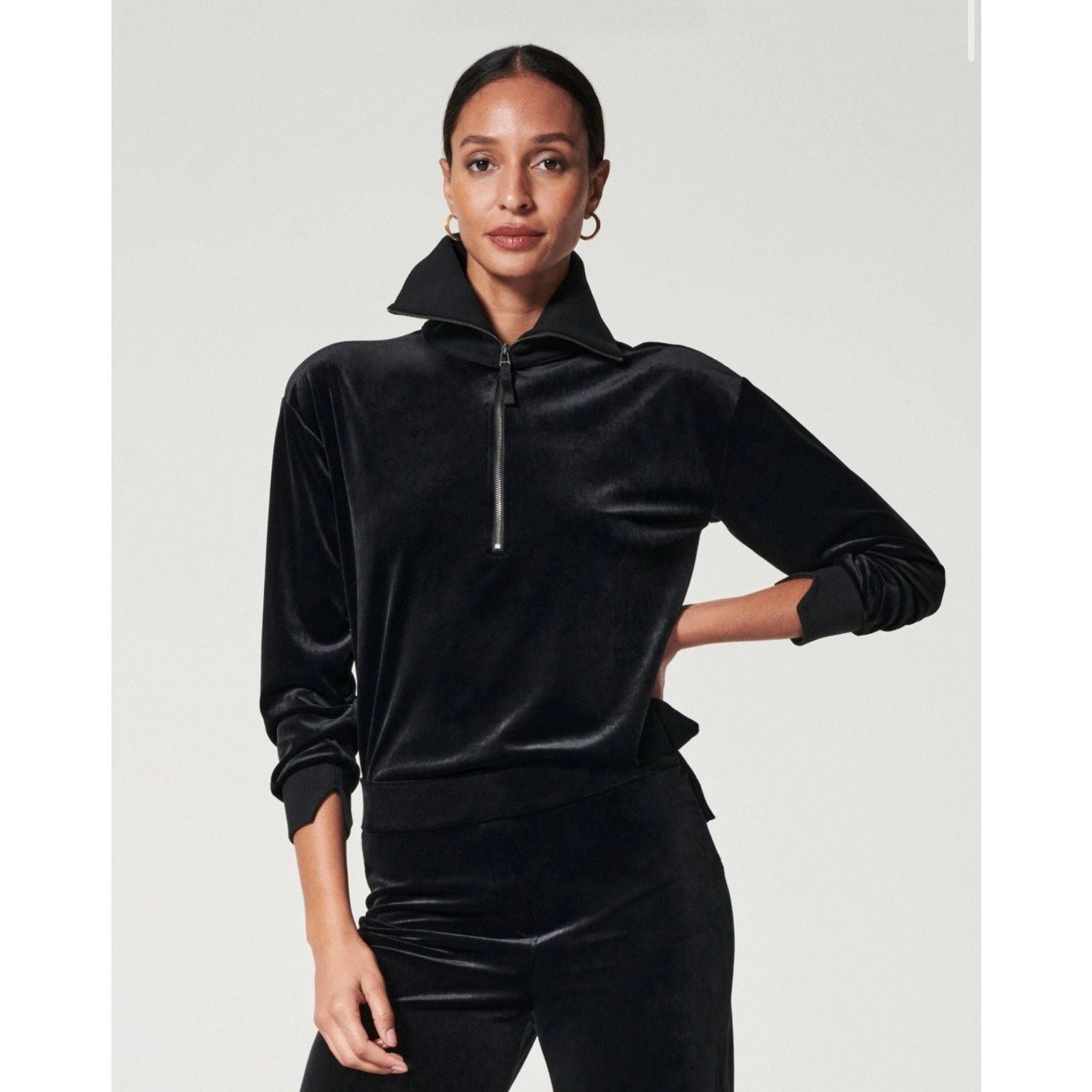 Spanx Plush Velvet Half Zip Top Relaxed Fit Ribbed collar & Cuff Size S / US 4 / IT 40 - 1 Thumbnail
