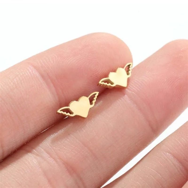 Jewelry Heart Wings Stud Earrings Charm Earring Gift Size ONE SIZE - 1 Thumbnail