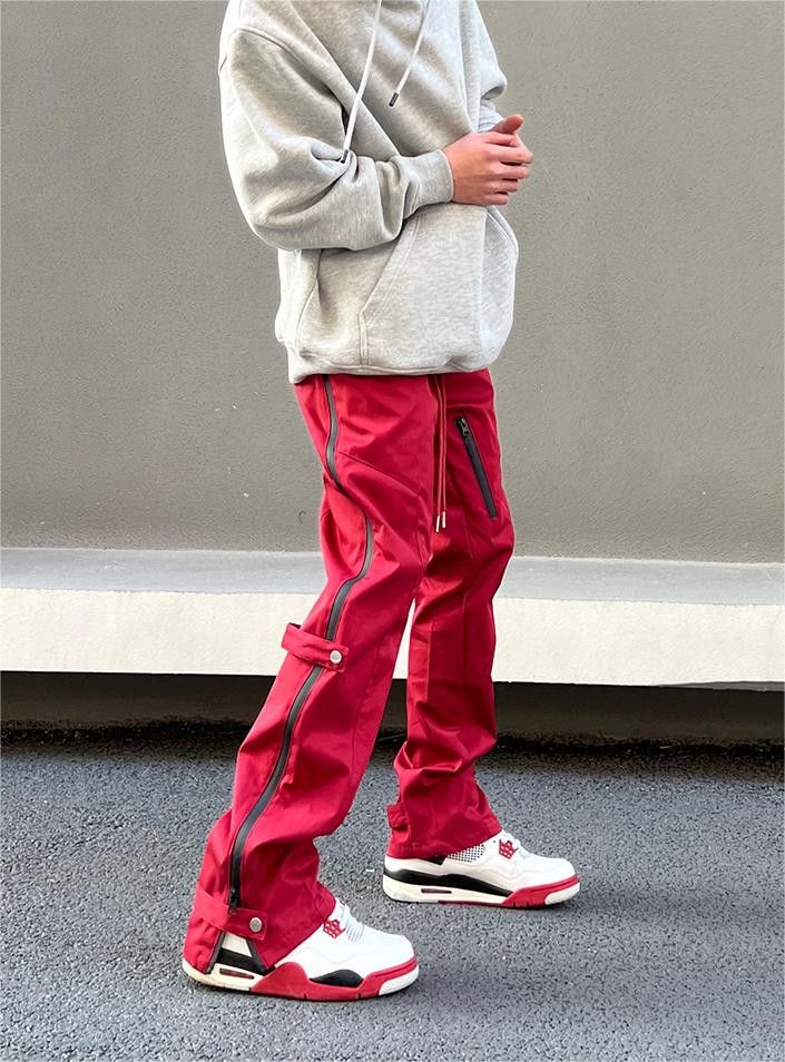 image of Vintage Straight Side Zipper Buckle Casual Pants in Red, Men's (Size 32)