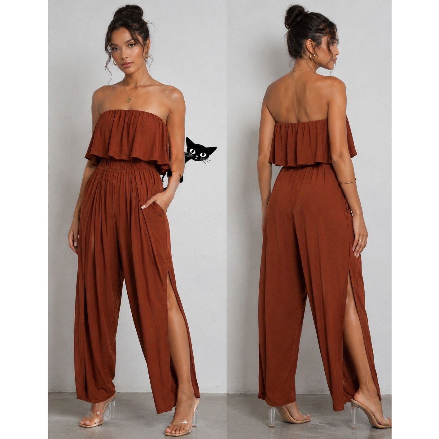 Other Angl Rust Ruffle Off-Shoulder Harem Slit Pant Jumpsuit S Size 27" / US 4 / IT 40 - 3 Thumbnail