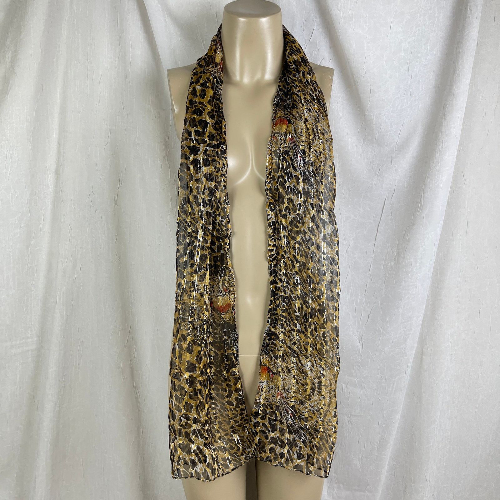 Vintage VTG Leopard Print Sheer Scarf Striped Silver Brown Black Red Size ONE SIZE - 4 Thumbnail