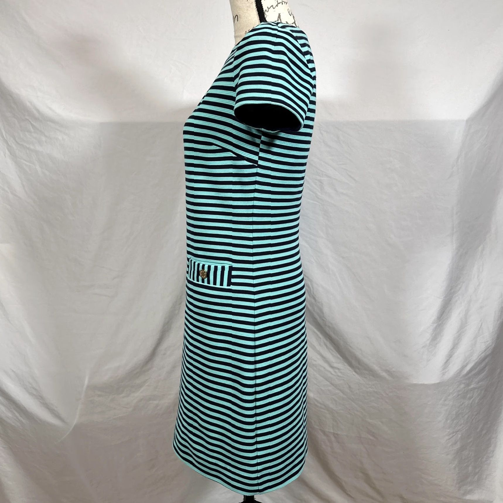 Lilly Pulitzer Dress Womens Small Teal Navy Stripe Short Sleeve Shift Gold  Zip