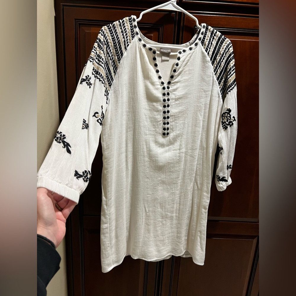 Chicos Chicos White Black Embroidered Lined Tunic Dress - 00 Size XXS / US 00 / IT 34 - 3 Thumbnail