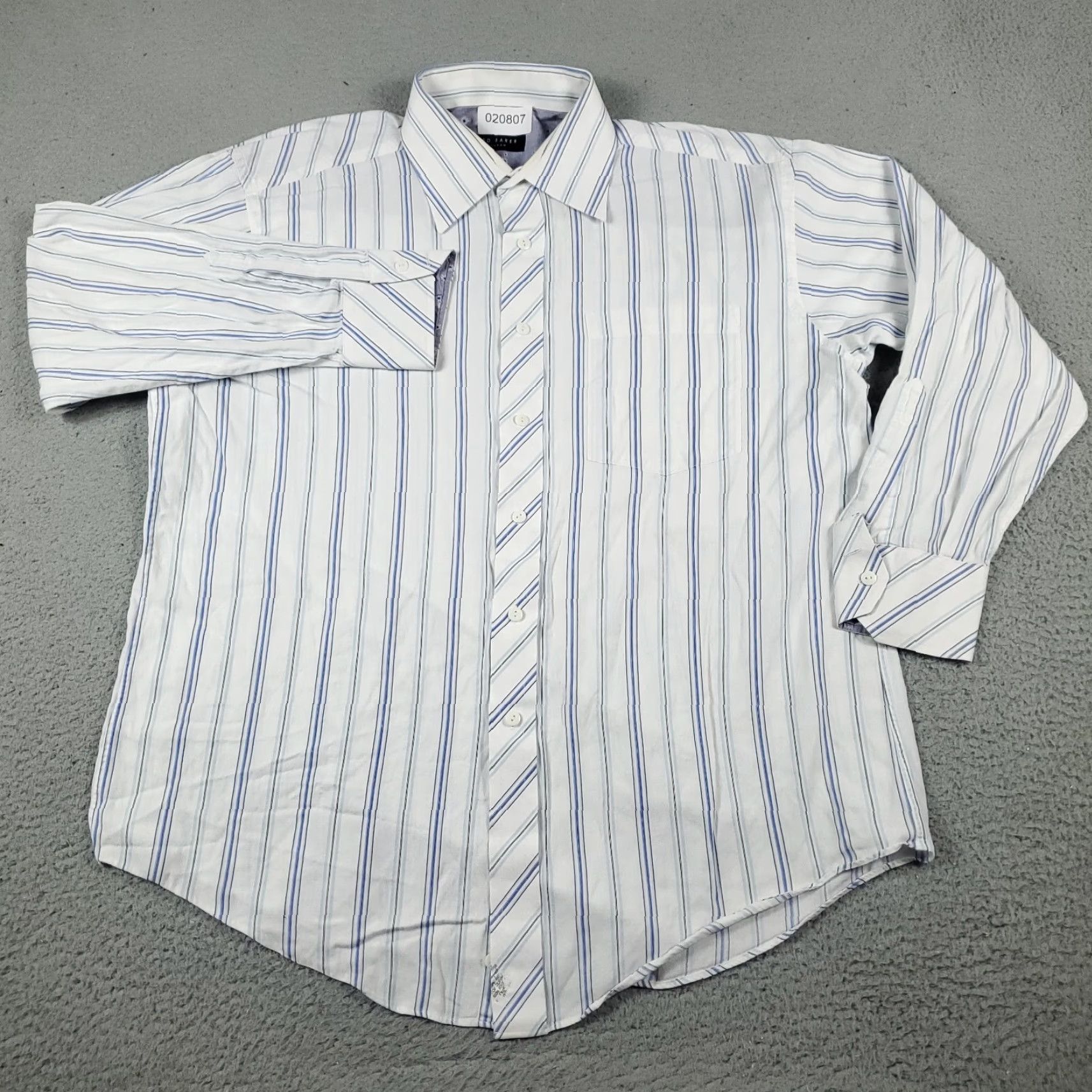 Ted Baker TED BAKER Dress Shirt Mens 16.5 White Blue Striped Button Up Long Sleeve Regular Cotton 100% Classic Modern Preppy Boy Wedding Mens Size 42R - 2 Thumbnail