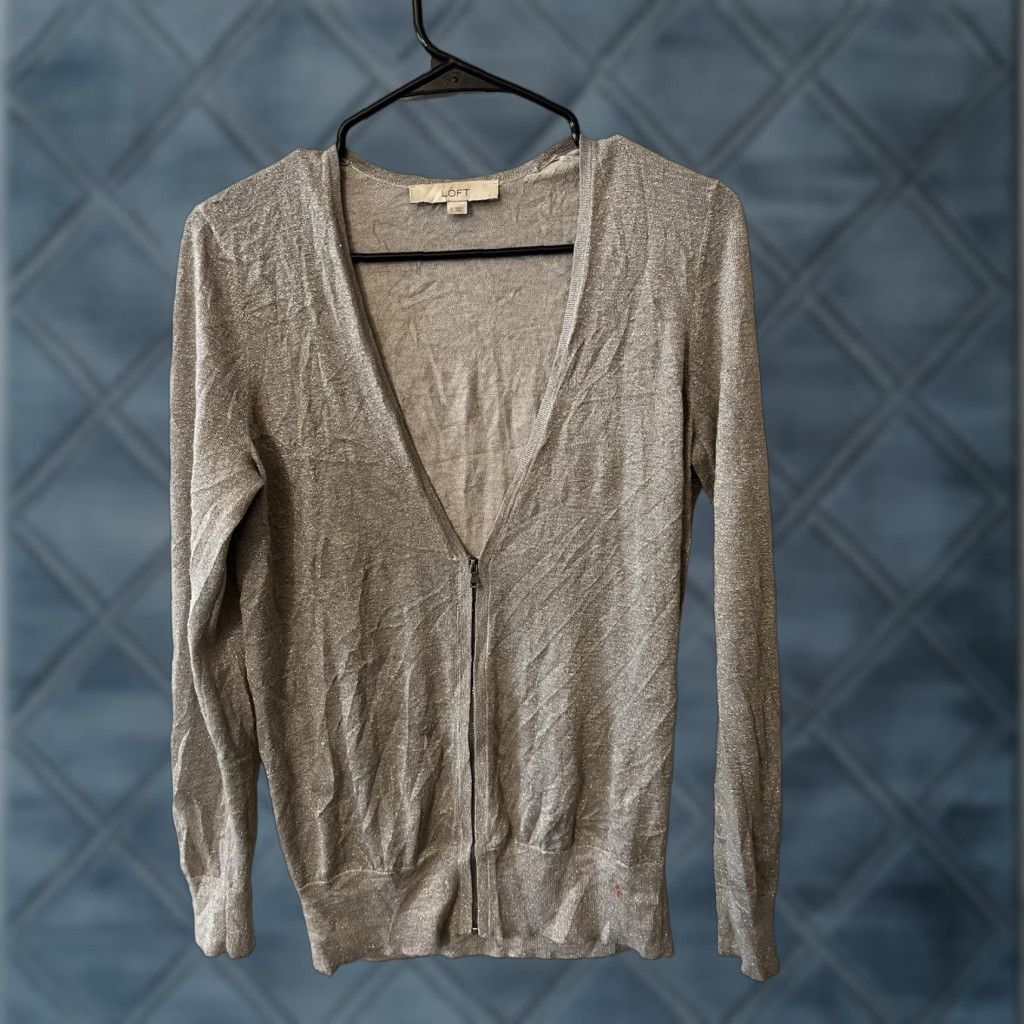 Loft VINTAGE LOFT Lightweight Zip Cardigan Sweater Small Beige Shimmer Business Casual Womens Size S / US 4 / IT 40 - 1 Thumbnail