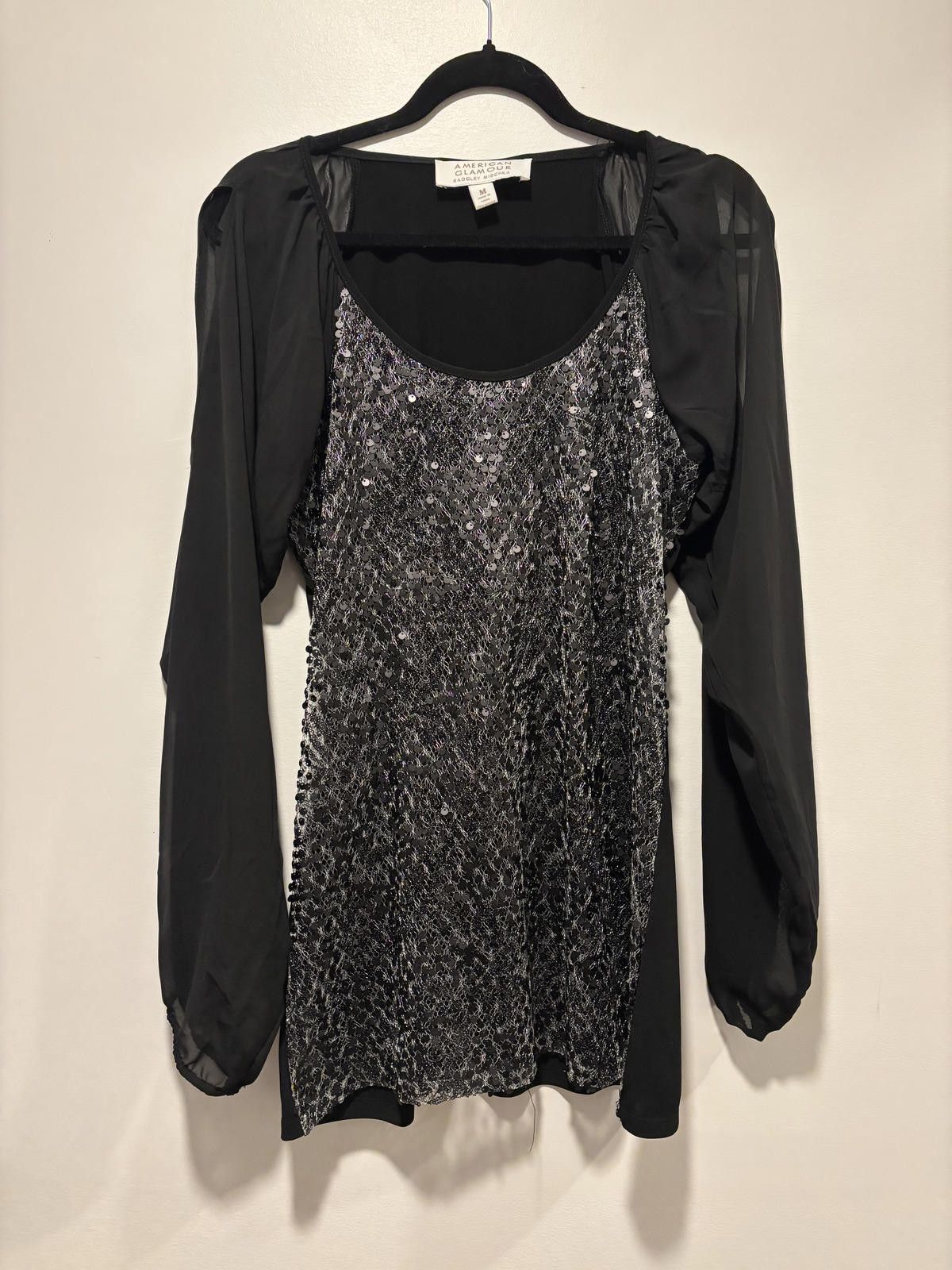 Other Badgley Mishka Navy Sequin and Chiffon Sleeve Blouse Size M / US 6-8 / IT 42-44 - 2 Thumbnail