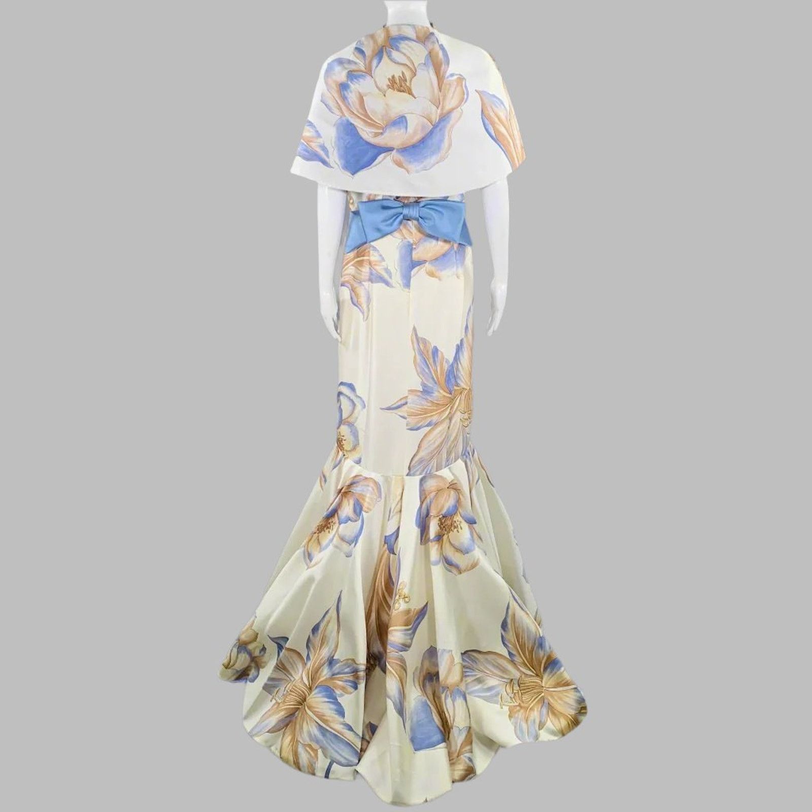 Other Size 6 Cream Blue Tan Silk Floral Shawl Strapless Gown Size M / US 6-8 / IT 42-44 - 4 Thumbnail