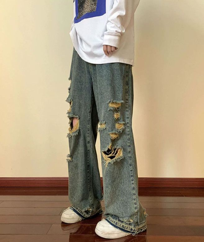 Japanese Brand Tall men's vintage loose straight-leg raw-edge ripped jeans Size US 32 / EU 48 - 2 Thumbnail