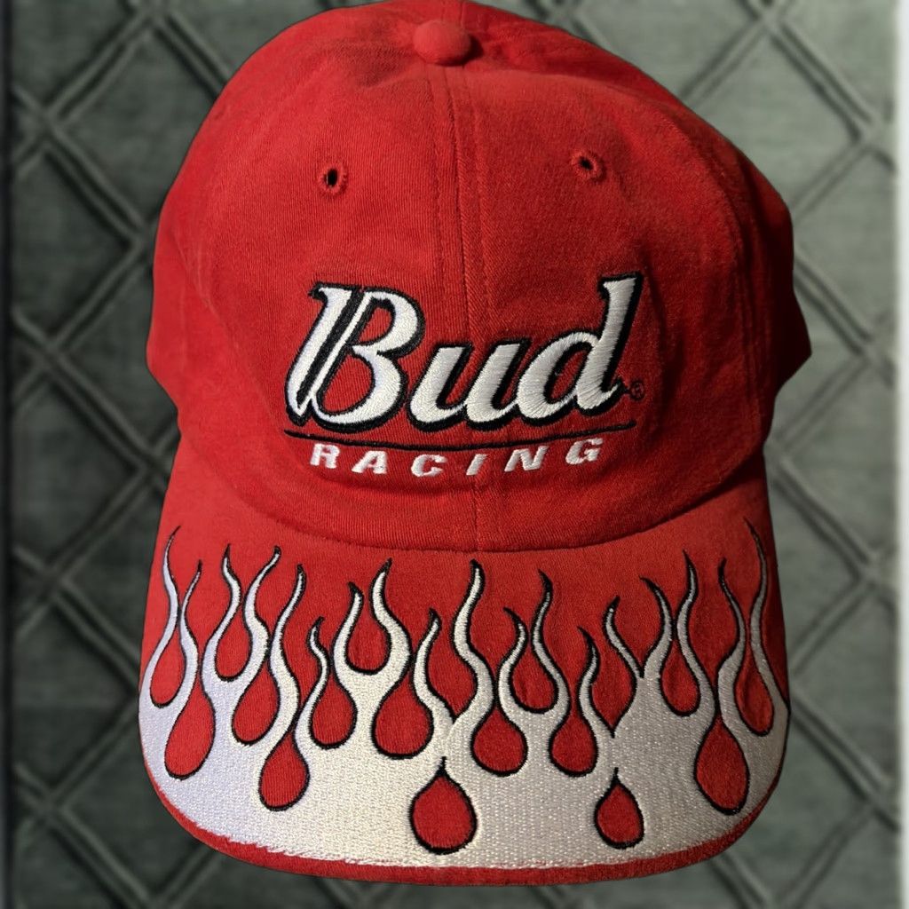 Budweiser VINTAGE Bud Racing NASCAR Flames Flex Fit Hat Medium - Large Y2K Size ONE SIZE - 1 Thumbnail