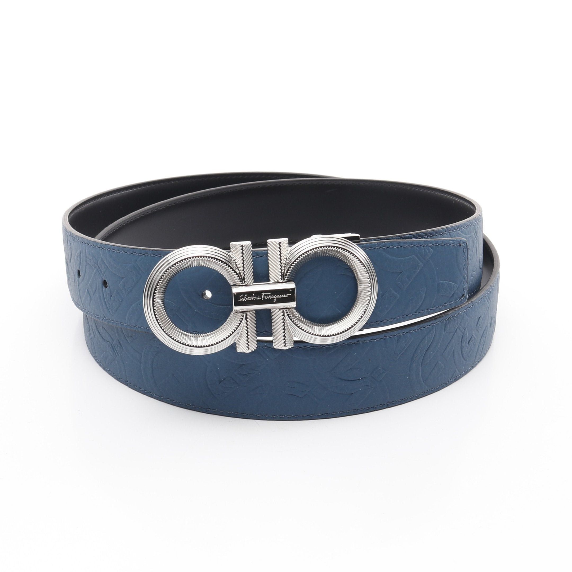 Salvatore Ferragamo Salvatore Ferragamo Gancini Belt Embossed Logo Leather Dark Blue Size ONE SIZE - 1 Thumbnail