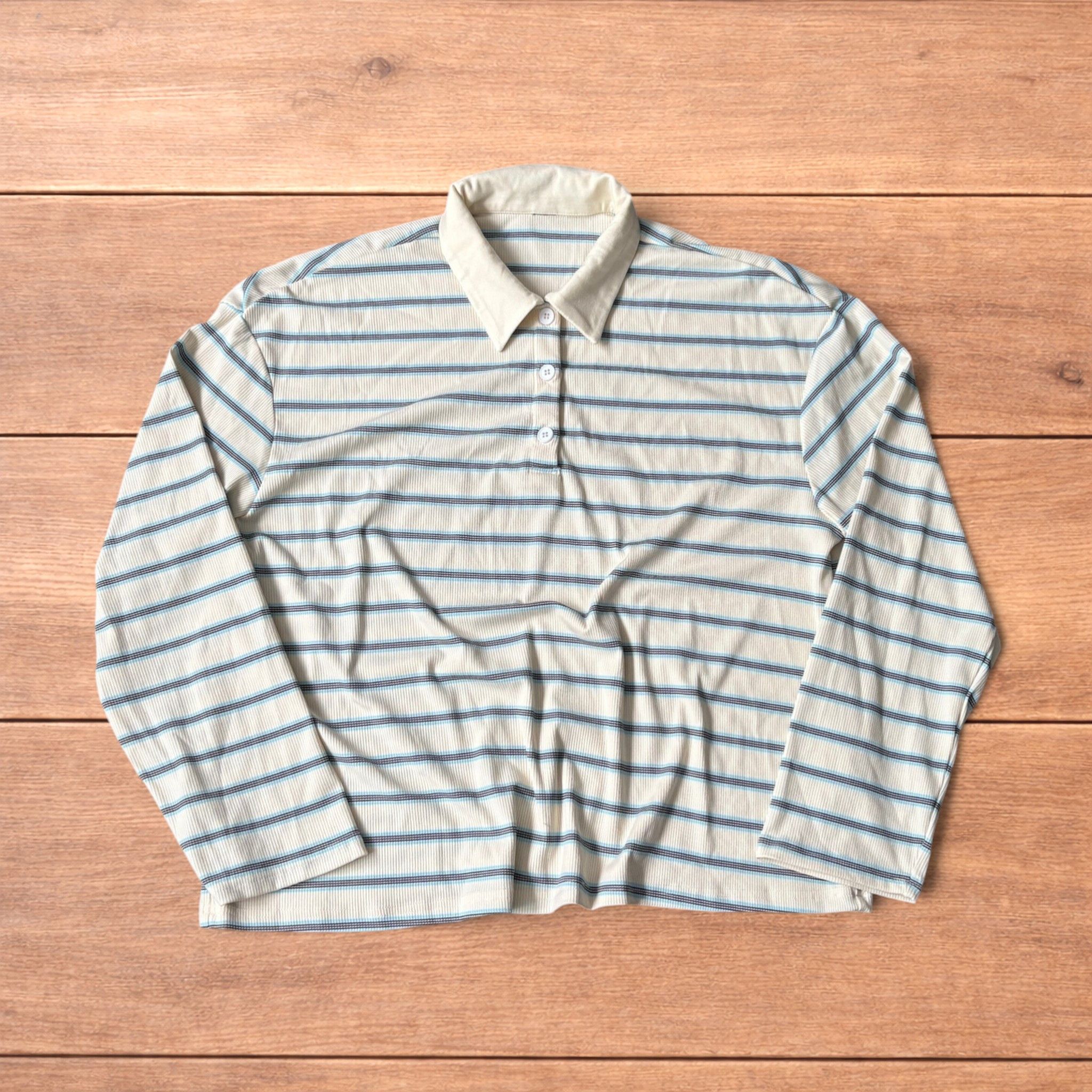 Japanese Brand Relaxed fit striped rugby polo sweatshirt jumper in cream. Size US M / EU 48-50 / 2 - 1 Thumbnail