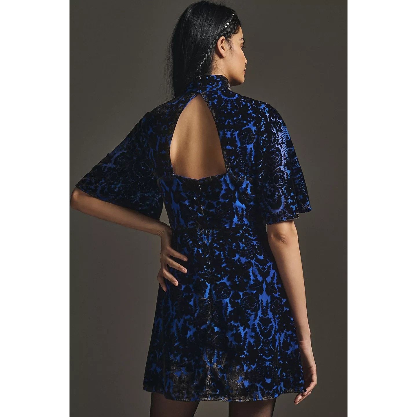 Anthropologie Mock-Neck Velvet Mini Dress $180 6P Blue/Black