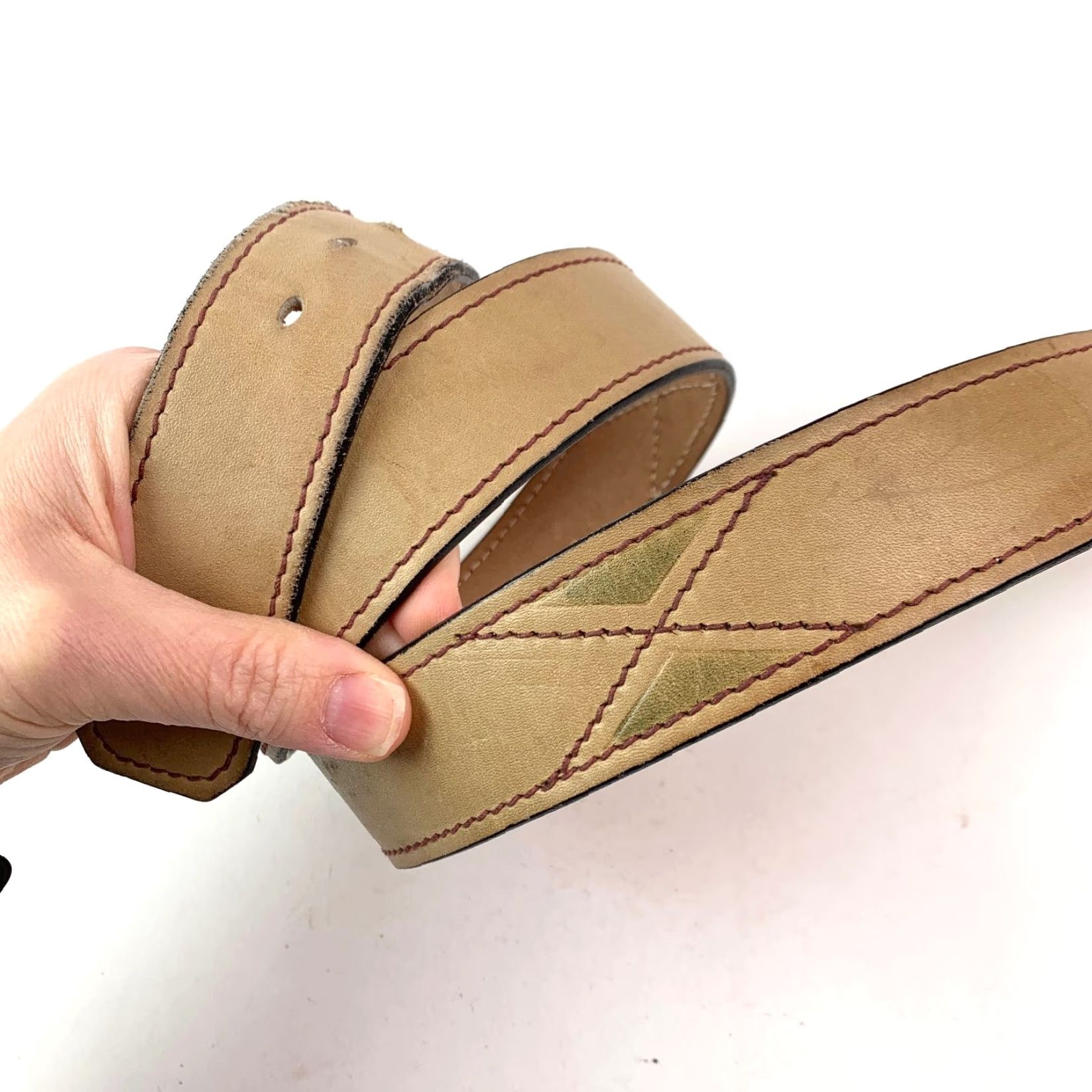 Vintage VINTAGE Potter's Dry Goods Men's Tan Leather Belt 1.5" Buckle Size 36 Cowhide Leather Belt Gold Buckle Mens Size 36 - 2 Thumbnail