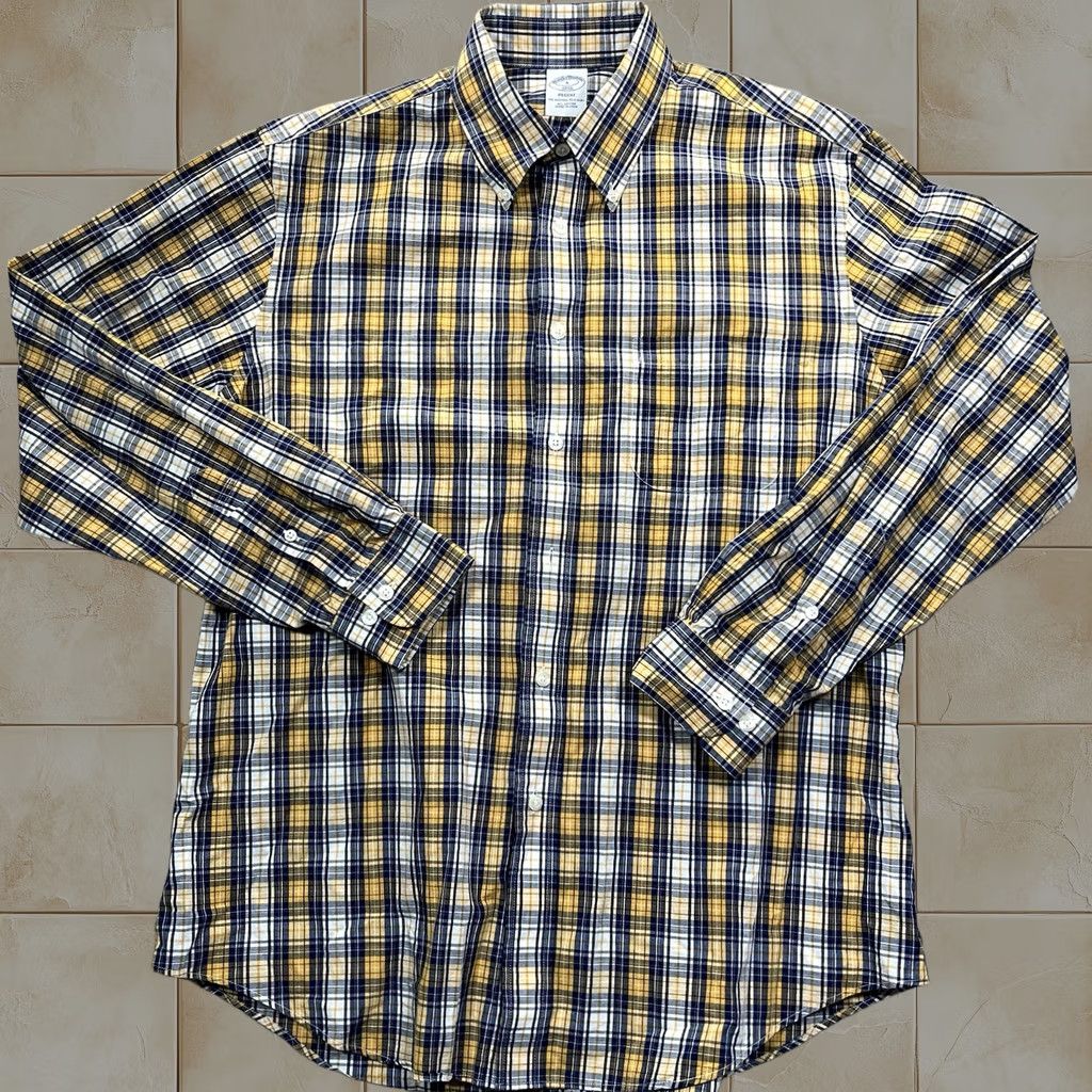 Brooks Brothers Shirt Mens L Navy Blue Yellow Plaid Long Sleeve Button-Up Regent Regular, Men's