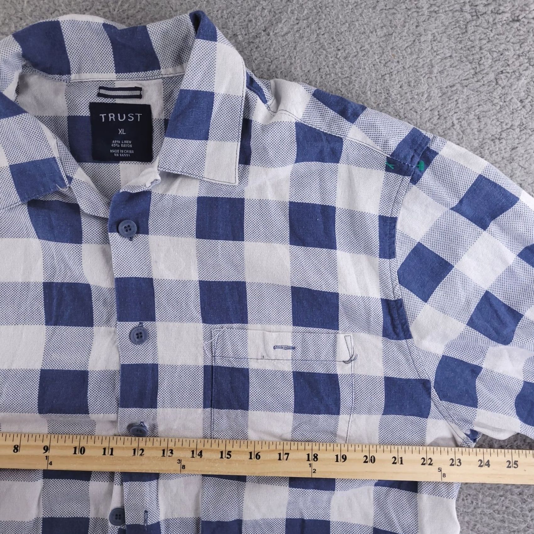 Vintage Trust Shirt XL Blue Linen Short Sleeve Button Windowpane Check Mens Size US XL / EU 56 / 4 - 5 Thumbnail