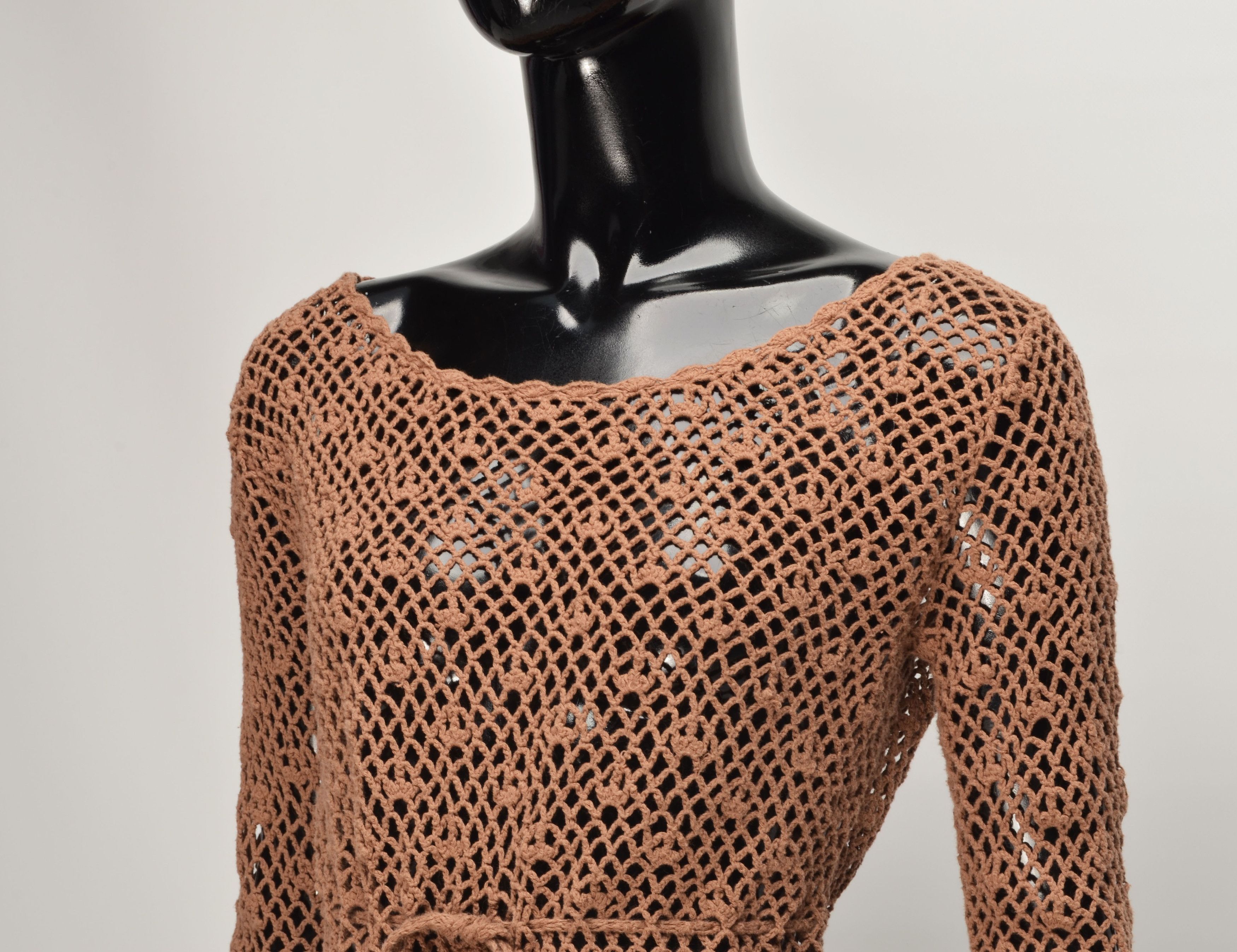 Designer Yes or No Crochet Knit Boat Neck Cottage Long Sleeve Tan Top Size M / US 6-8 / IT 42-44 - 2 Thumbnail