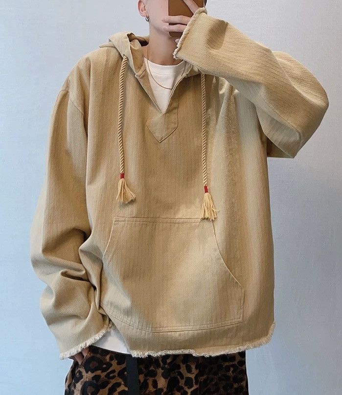 Outdoor retro oversized frayed edge distressed canvas hoodie