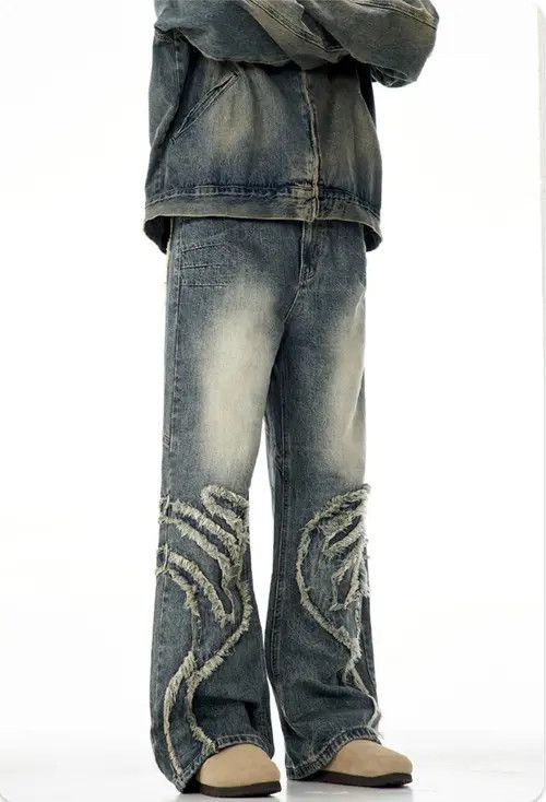 Jean Vintage Blue Graphic Splicing Baggy Jeans Size US 33 - 3 Thumbnail