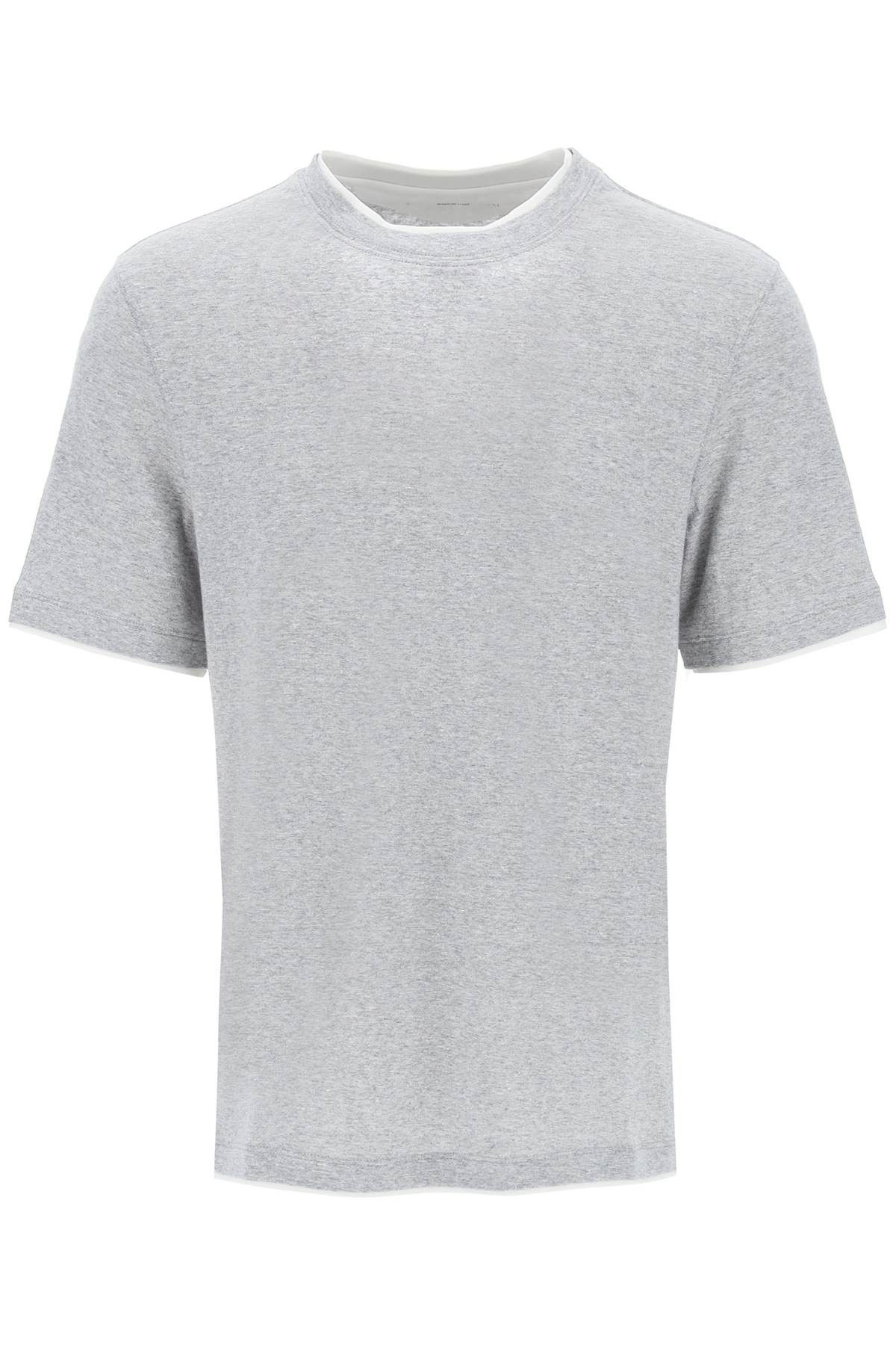 image of Brunello Cucinelli Overlapped-Effect T-Shirt In Linen And Cotton in Grigio Medio Off White (Size XL