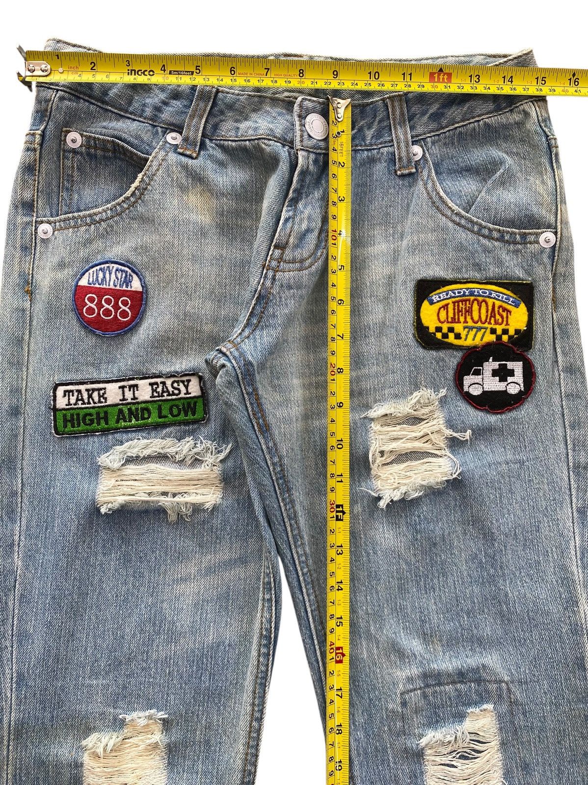 Japanese Brand Rote Rose Distressed Patch Work Style Straight Leg Jeans Size US 30 / EU 46 - 6 Thumbnail