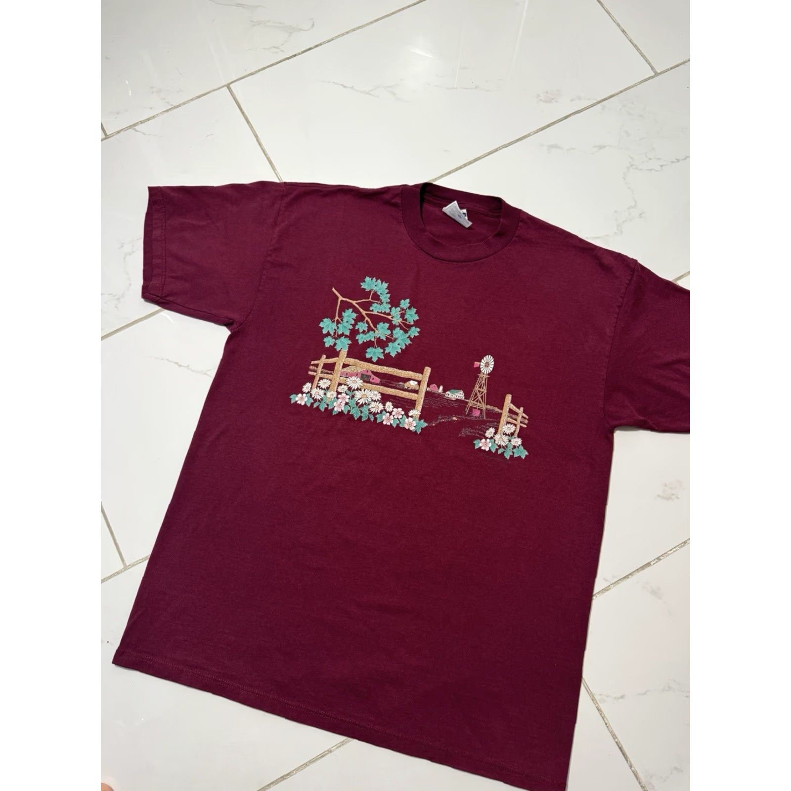 Jerzees VINTAGE Jerzees T-Shirt Red Large Unisex Adults 90s Nature Barn Farm Landscape Art Shirt Size US L / EU 52-54 / 3 - 3 Thumbnail