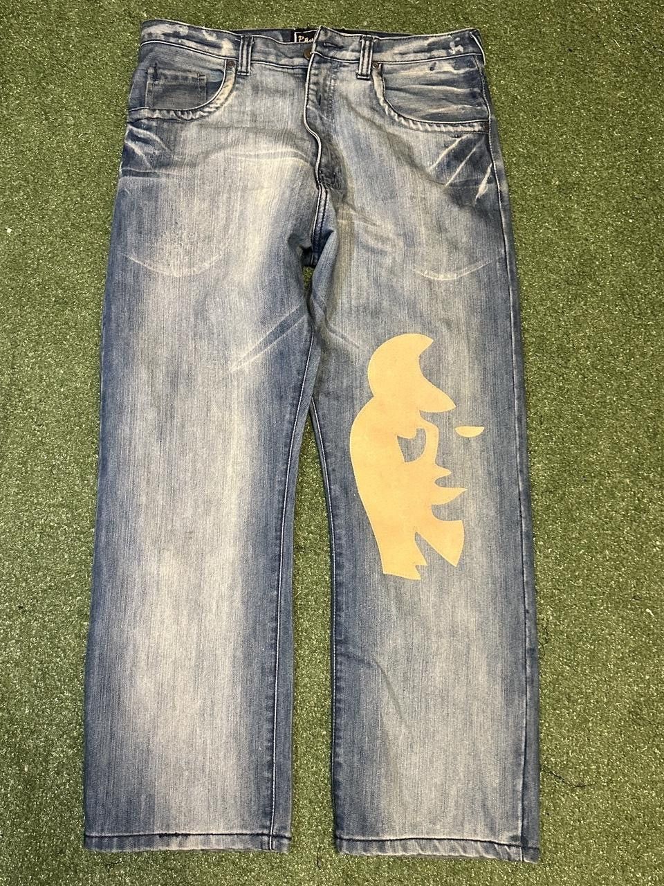 Other Y2K loose blue jeans with yellow graphic patch Size US 34 / EU 50 - 1 Thumbnail
