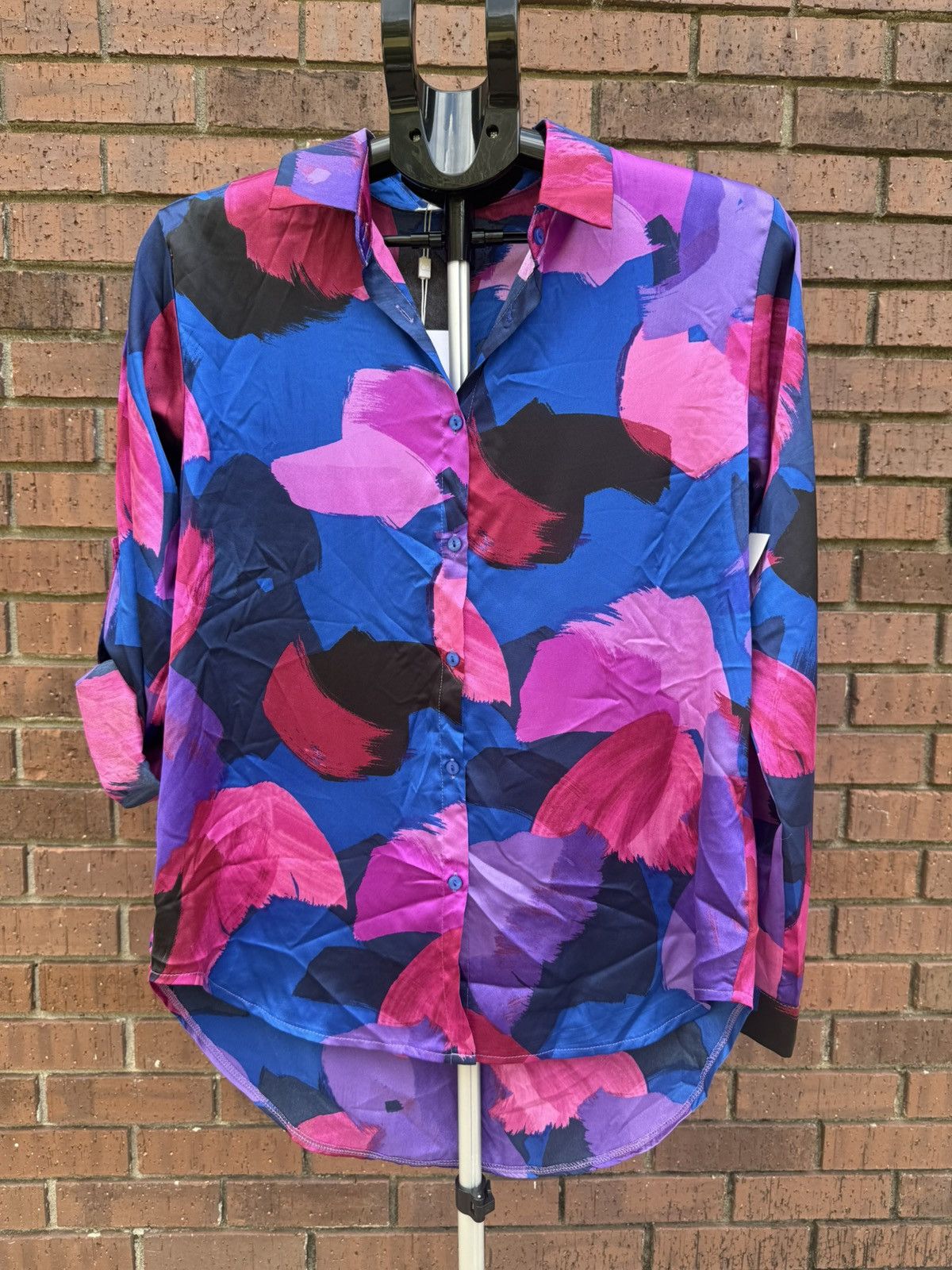 Other Q2 Satin Blouse Button Up Long Sleeve Multi-Color Abstract Size S / US 4 / IT 40 - 1 Thumbnail