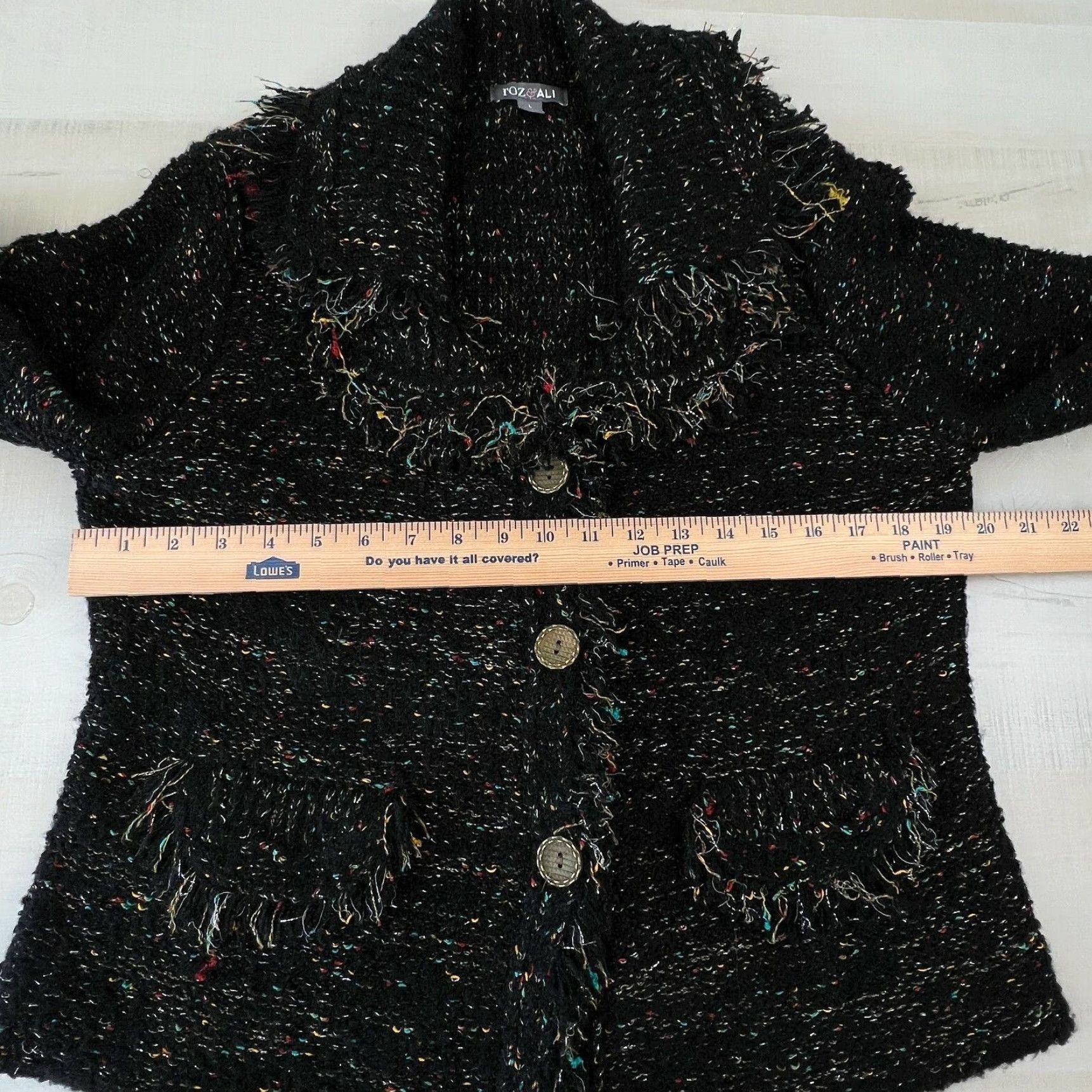 Vintage Roz & Ali Womens Long Sleeve Cardigan Sweater Large Black Fringe Metallic Thread Ladies Size L / US 10 / IT 46 - 7 Thumbnail