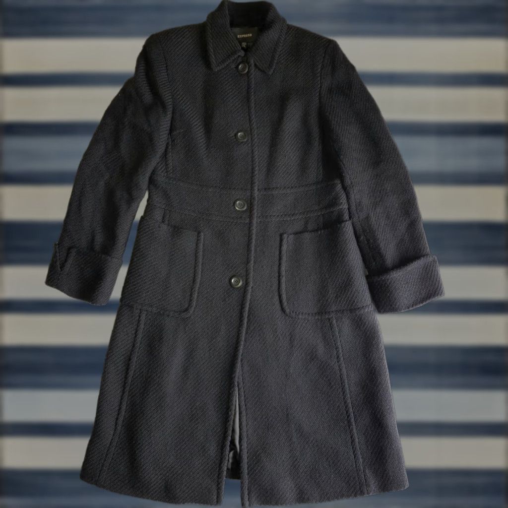 Express Women’s Size 9/10 Black Wool Blend Long Coat Made in Romania w/ Pockets