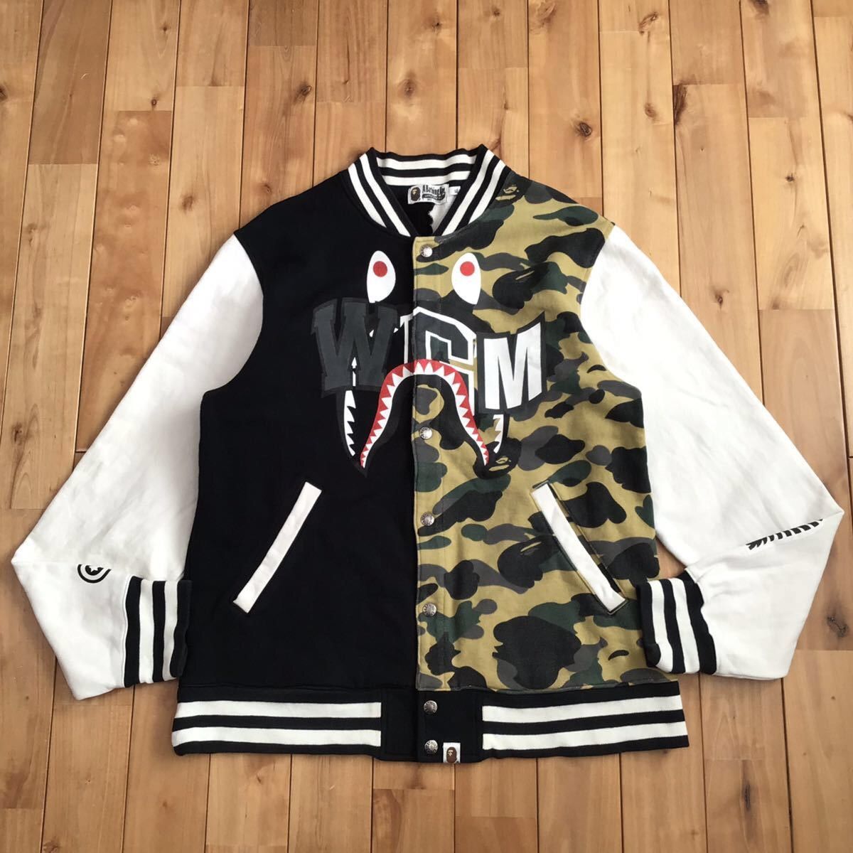 image of Bape Reflector Camo Shark Sweat Varsity Jacket A Bathing Ape in Black/White, Men's (Size XL)