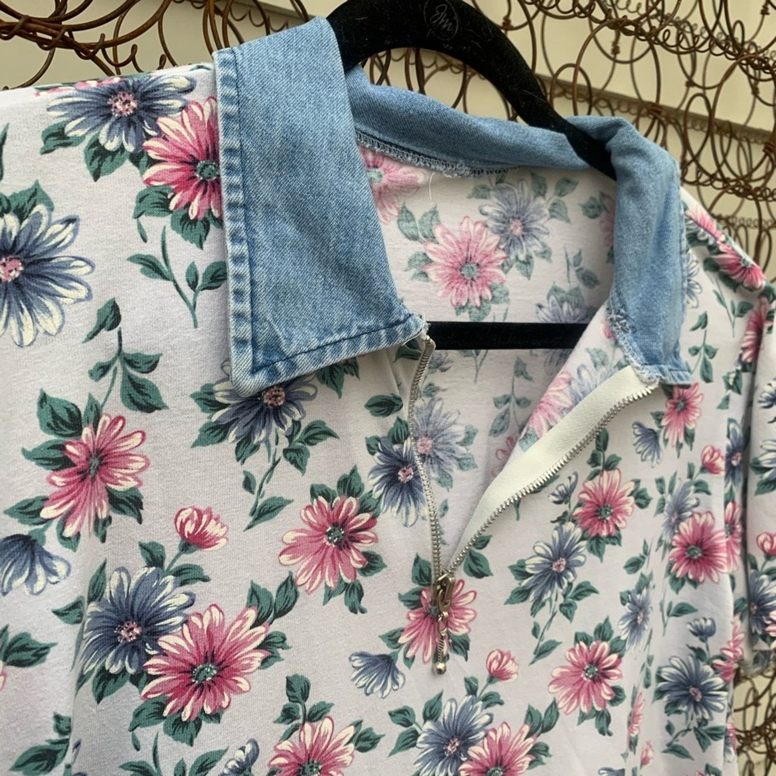 Vintage Vintage 90s floral denim collared T-shirt Size L / US 10 / IT 46 - 3 Thumbnail