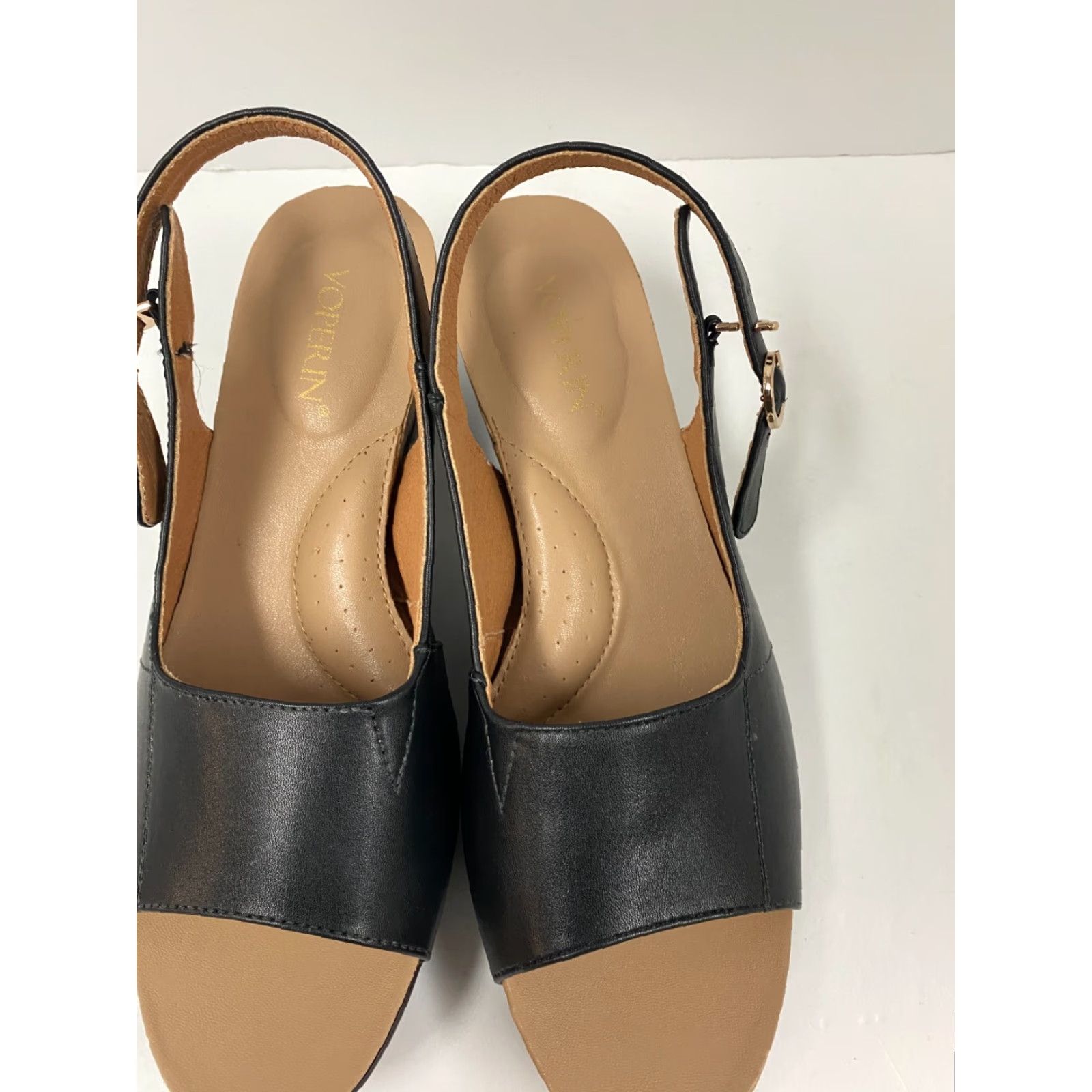Vintage Voperin Womens Pumps Black Leather Open Toe Strap Buckle High Heel Block 3-3.9 in US 9 EU 40 AU 9 UK 7 Size Size US 10 / IT 40 - 4 Thumbnail