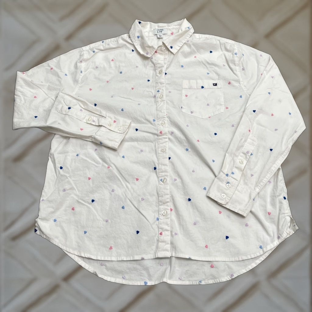 Vintage Crown & Ivy Button-Up Shirt Womens PL White Long Sleeve Heart Top Casual Shirt Womens XL? Size L / US 10 / IT 46 - 1 Thumbnail