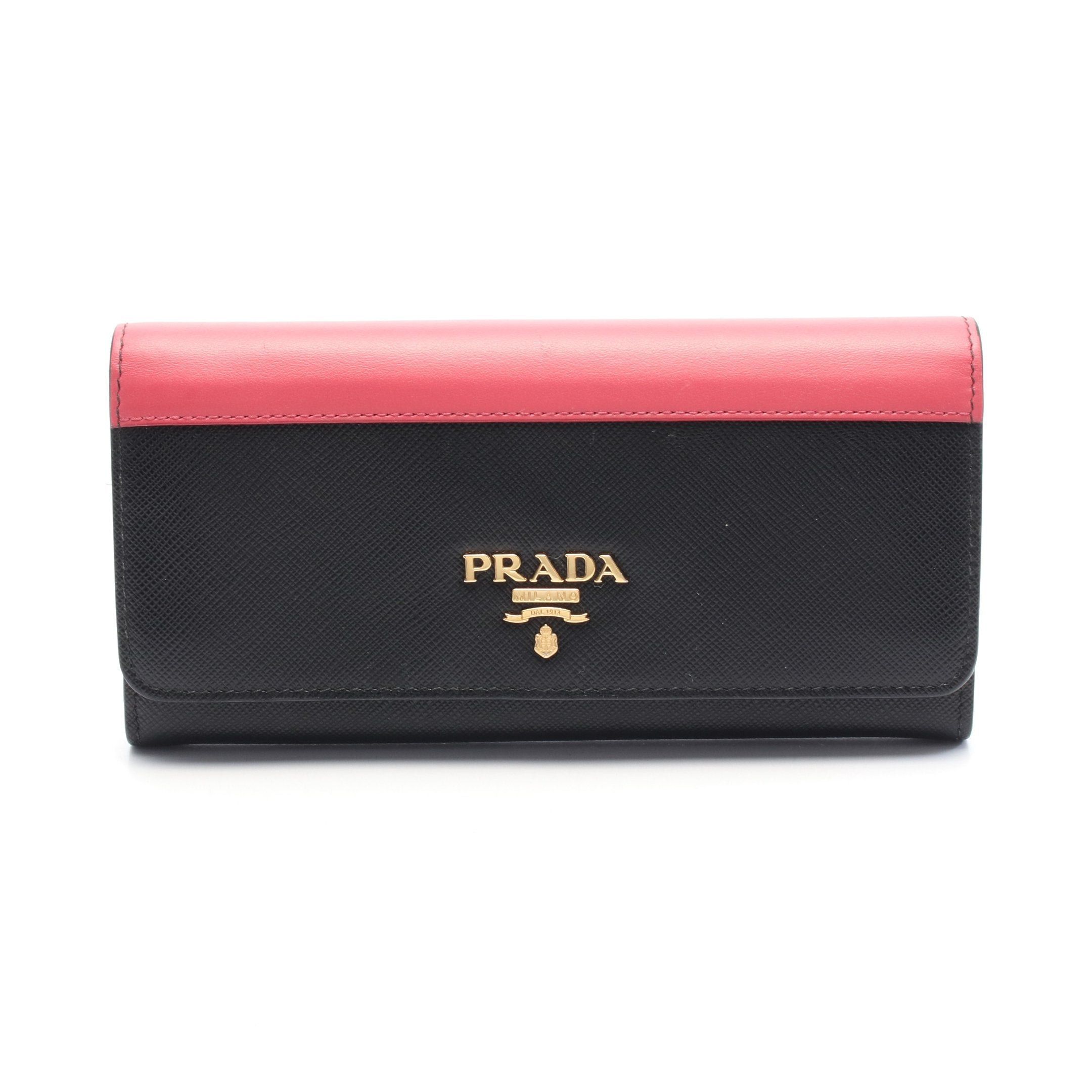 Prada Bi-Fold Long Wallet Leather Black Pink