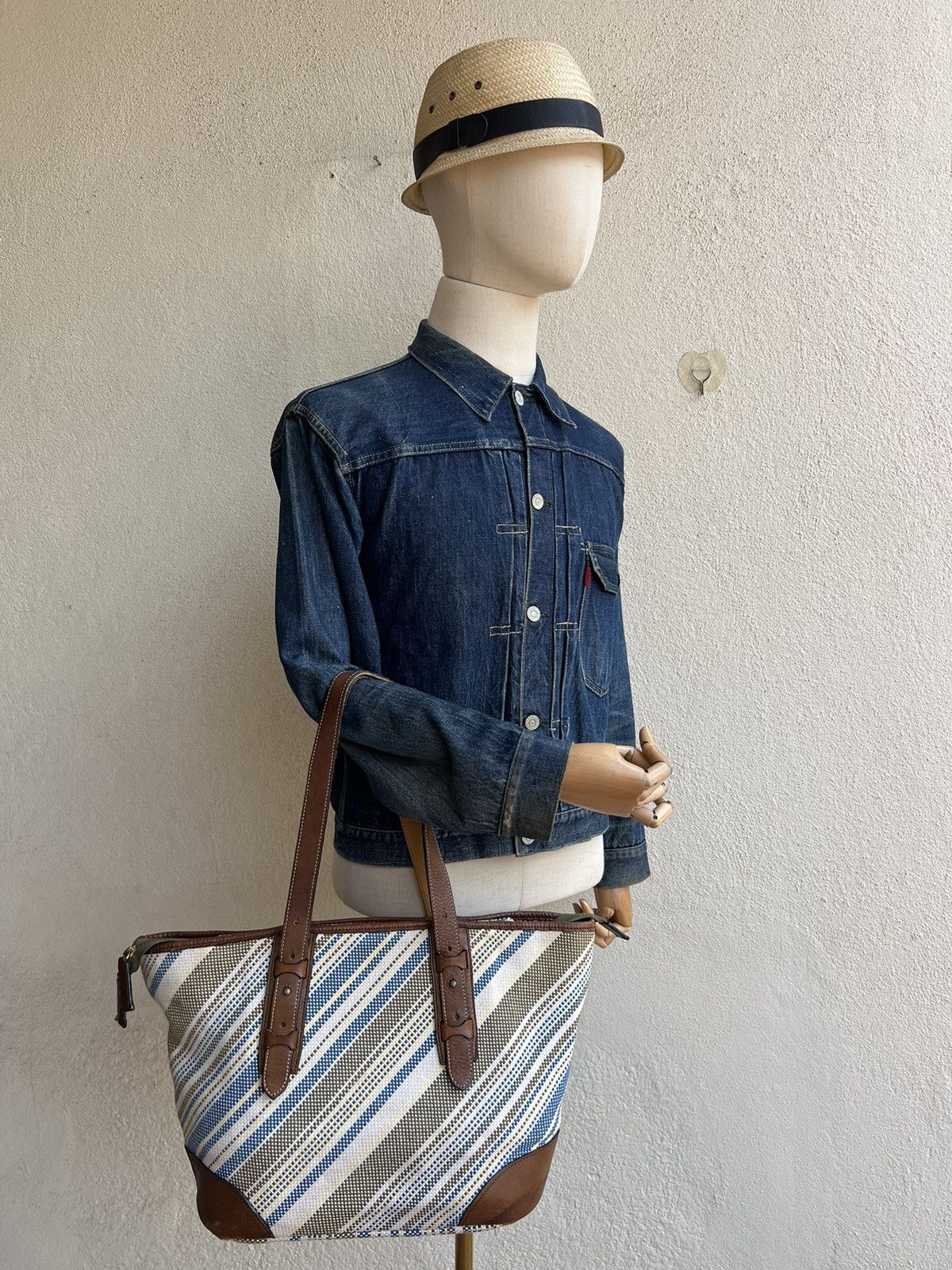 Leather Vintage Matsuemon Sail Japan Patina Leather Cotton Tote Bag Size ONE SIZE - 3 Thumbnail