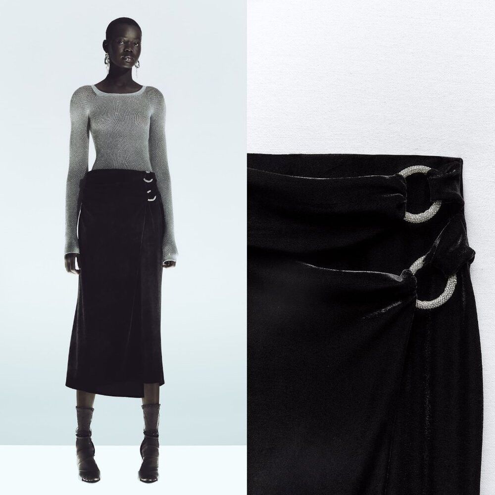 Zara NWT New Zara Rhinestone Ring Velvet Midi Wrap Black Skirt S Size 28" / US 6 / IT 42 - 1 Thumbnail