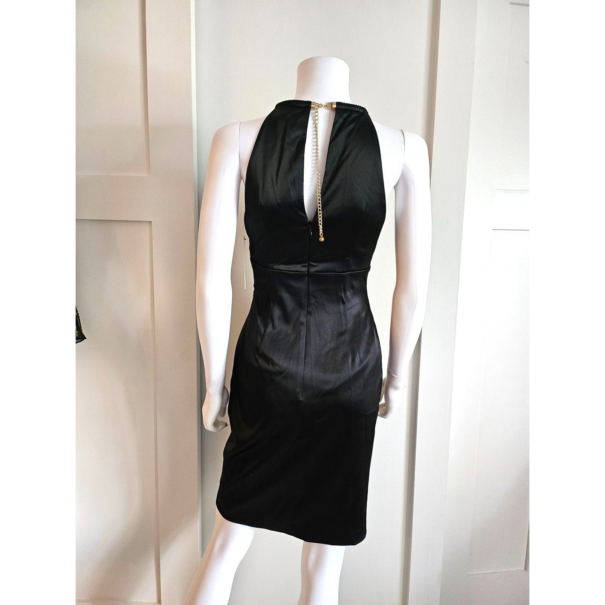 Eliza J. Missy Black Satin with Gold-tone Halter/Choker Dres